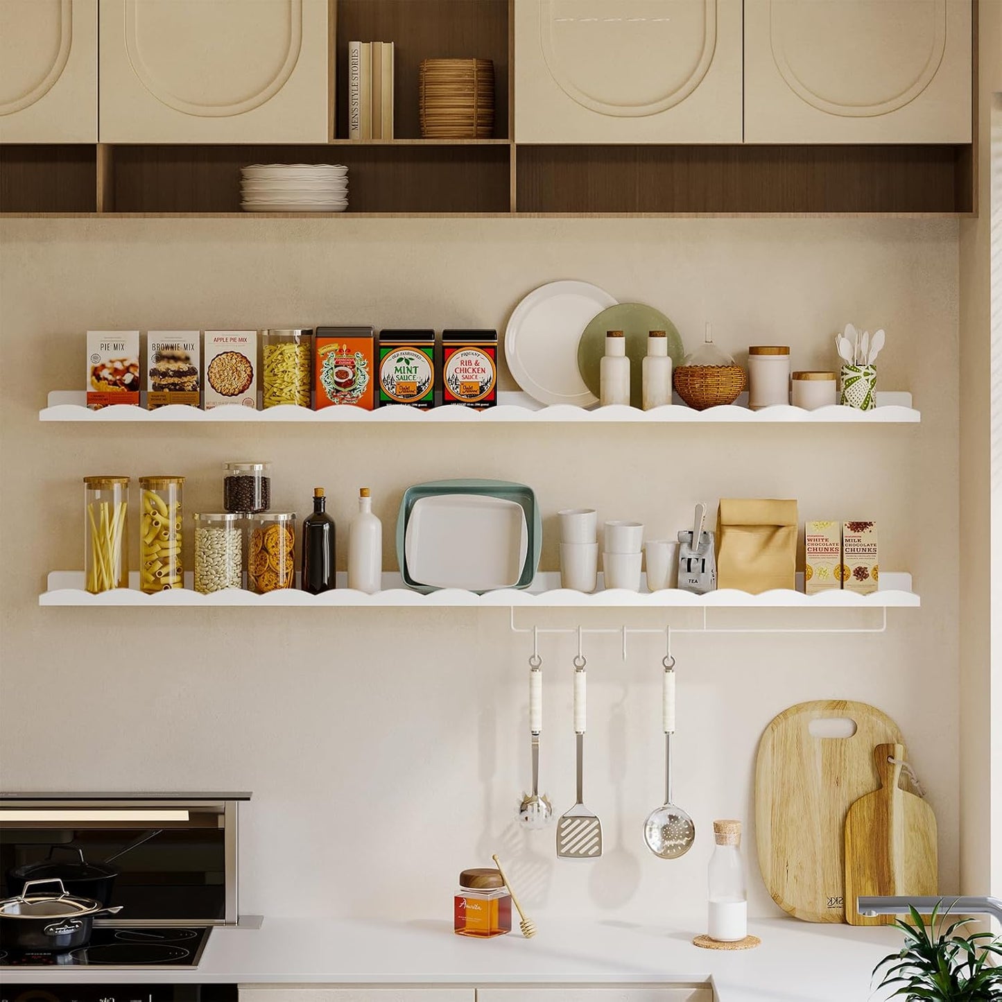 Fixwal Nursery Shelves, 24 Inch Floating Bookshelves for Wall Set of 4, Scalloped Wall Book Shelves with Towel Rack for Kids, Toddler Room, Baby Room, Nursery Decor and Storage(White)