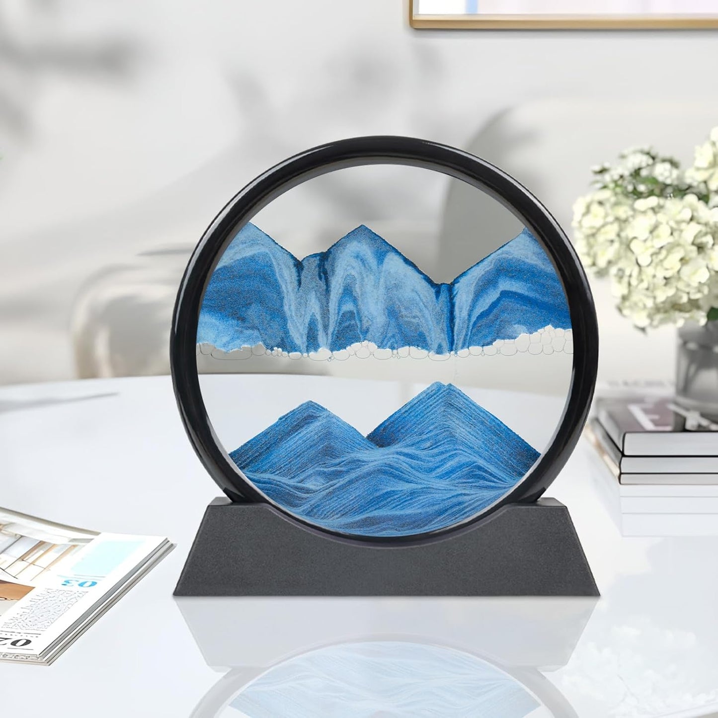 Drakswet Moving Sand Art Liquid Motion,Moving Sand Art Picture-3D Deep Sea Sandscape,Round Glass Frame Display Flowing Sand Relaxing Desktop Home Office Work Decor (Blue)