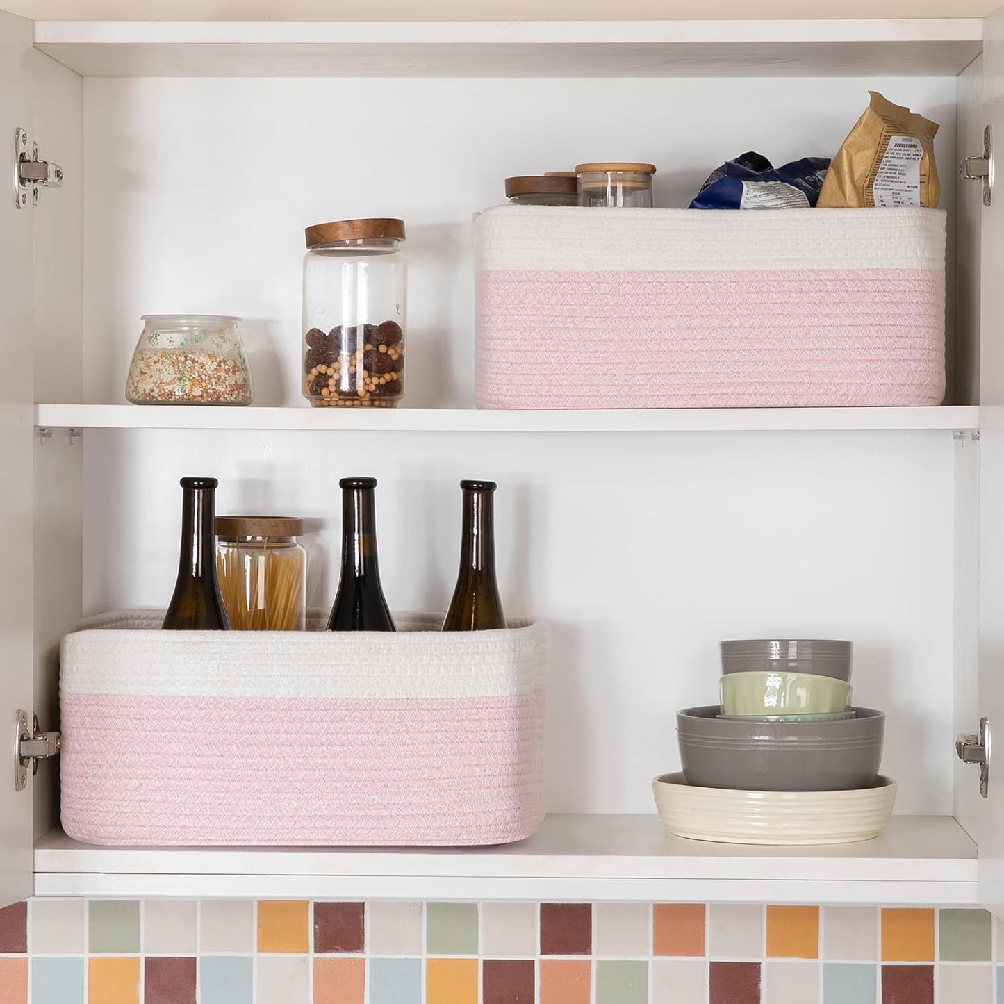 Storage Baskets for Organizing 3 Pack, Woven Baskets for Shelves, Closet Organizer Bins Empty Gift Basket Toy Storage for Toys, Books, Towels, Clothes, 15"x11.42"x6.7", Pink