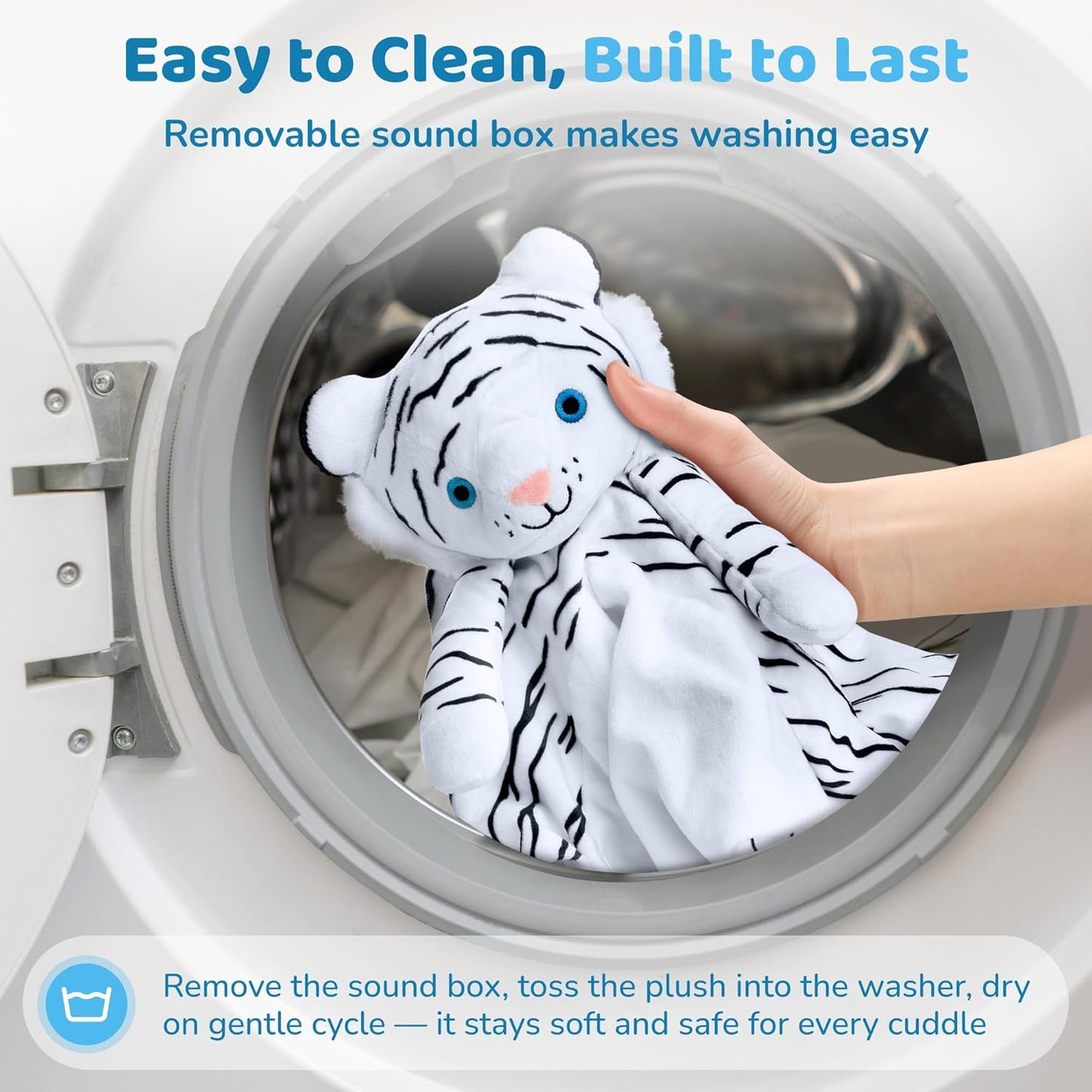 Love By Emi Baby Music Lovey White Tiger, Baby Sleep Soother for Crib & Cuddle Bedtime, White Noise with a Heartbeat & Lullaby, Plush Sound Machine Toy, Stuffed Animal for Newborns, Infants & Toddlers