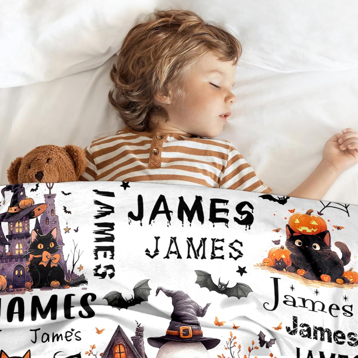 Ship Next Day, Custom Halloween Blanket - Printed in USA, Personalized Baby Blankets with Name, Gift for Kids Boys Girls, Unique Present for Birthday, Christmas, Halloween Bats Toddler Blanket