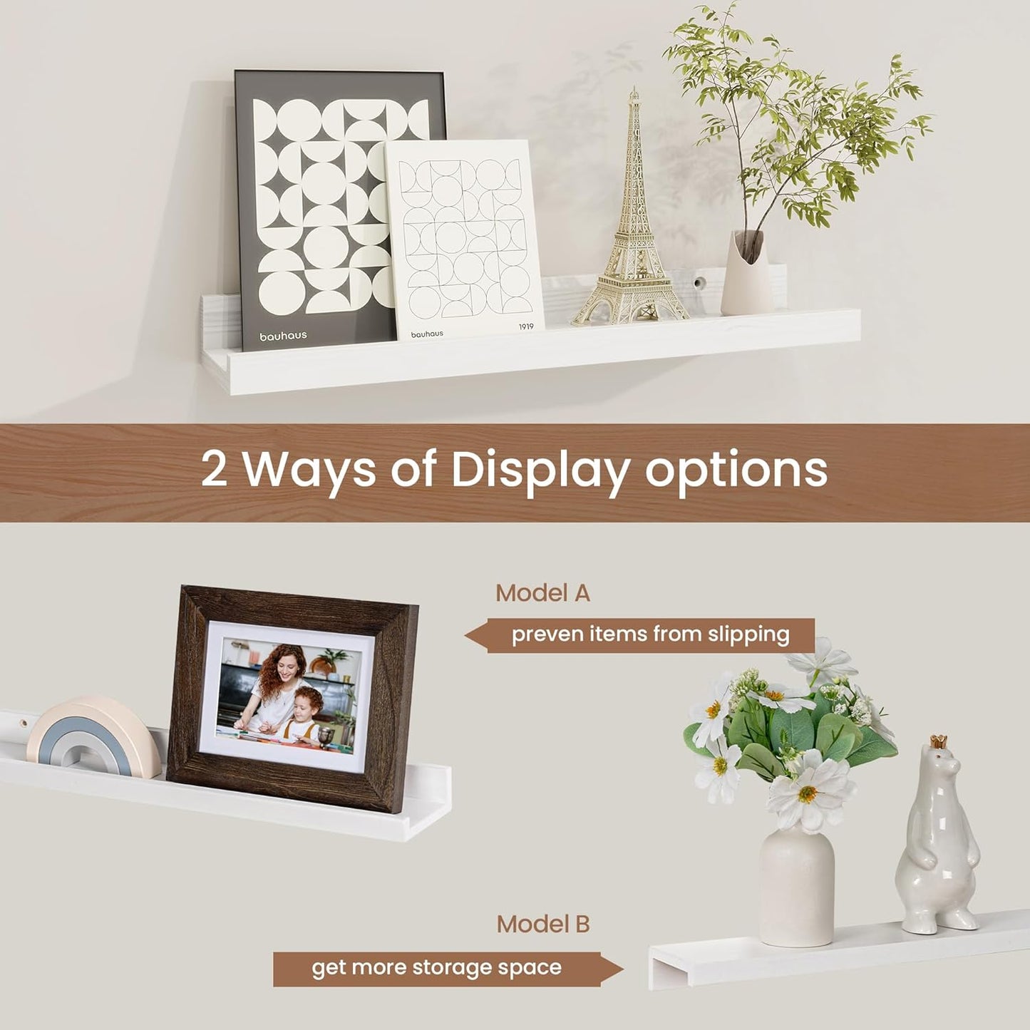 Picture Ledge Shelf, Solid Pine Wood Floating Shelves Set of 4, 16 Inches Nursery Book Shelves for Toys Storage, Kids Bookshelf Wall Mounted for Living Room Decor Photo Frames, White