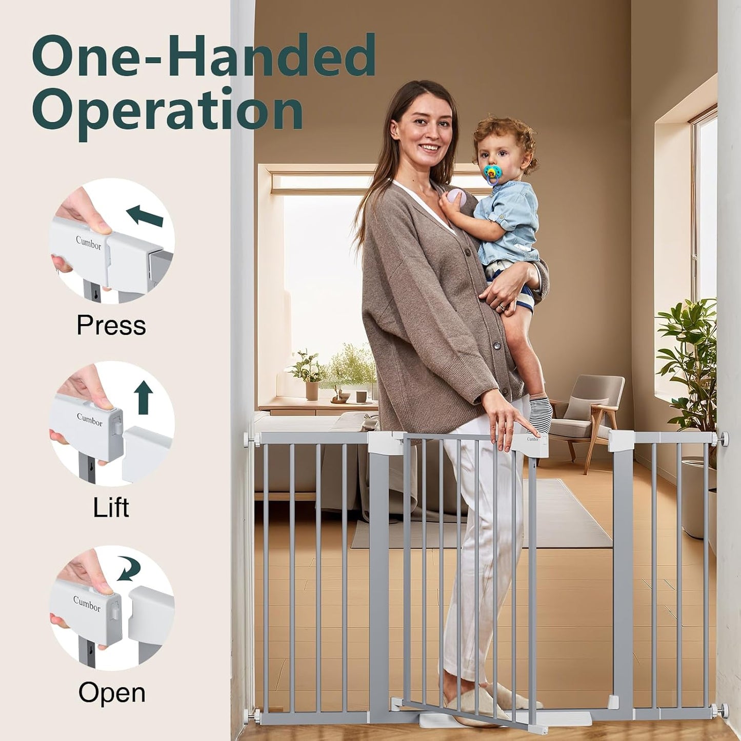 Cumbor 29.7"-51.5" Extra Wide Baby Gate for Stairs, Mom's Choice Awards Winner-Dog Gates for Doorways, Pressure Mounted Walk Through Pet Gate Indoor, Safety Auto-Close Child Gate for Kids, Gray