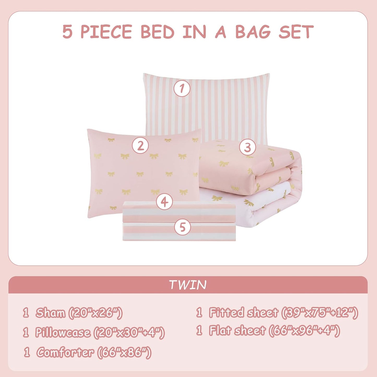 Twin Comforter Set with Sheets for Girls-5 Pieces Twin Bedding Sets with Pink Comforter, Sheets, Pillowcase & Sham for Kids (Pink Gold Bow, 66" X 86")