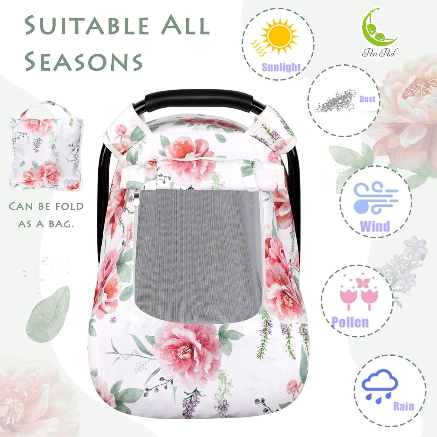 Baby Carseat Cover Girls, Pea Pod Floral Infant Car Seat Covers Canopy for Newborn with 2 Layers Windows of Breathable Mesh/Fabric, Lightweight Polyester/Minky Dot Backing, Snug Fit Most Baby Car Seat