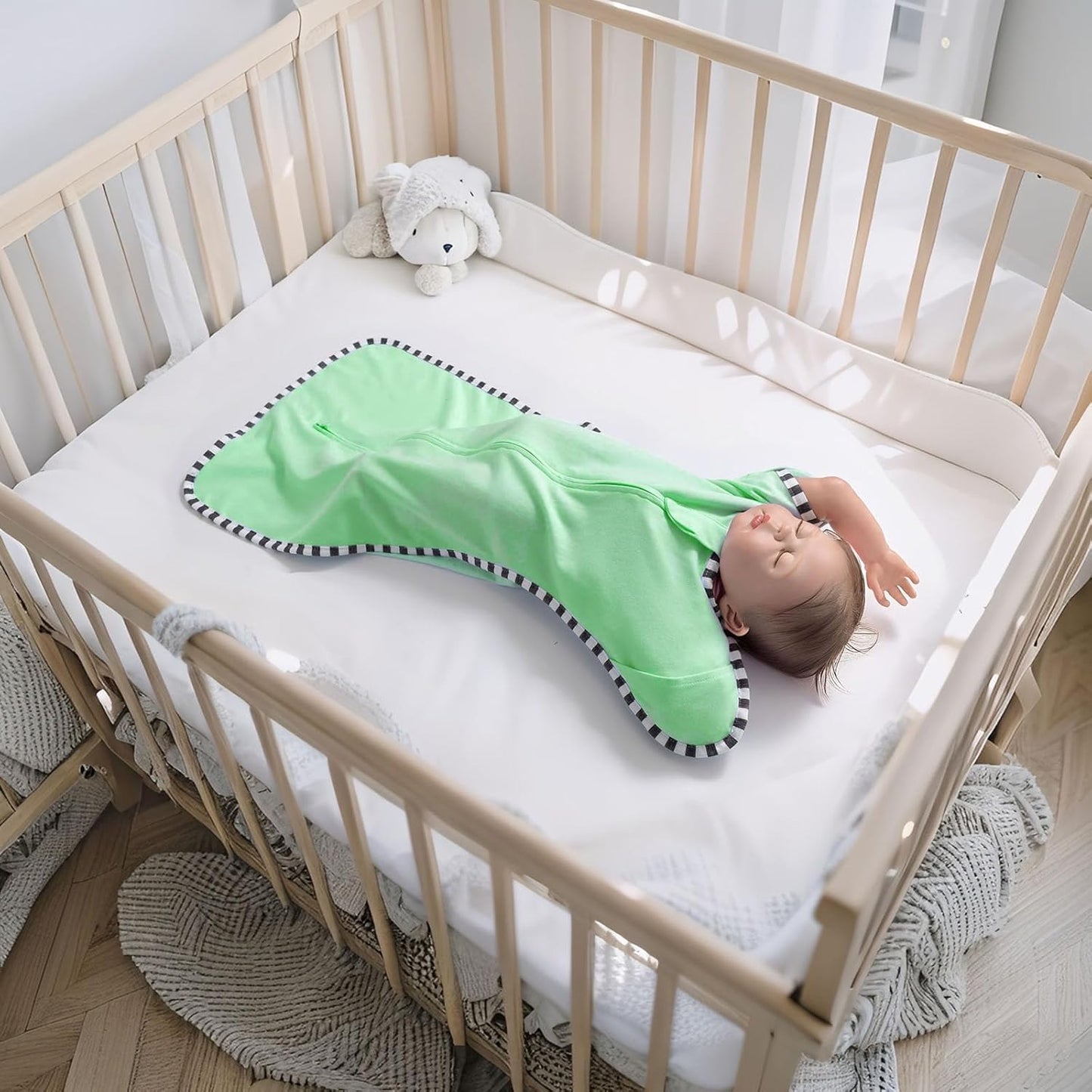 Transition Swaddle, 2 Pack 100% Cotton Baby Sleep Sack, 2-Way Zipper Infant Arm Up Swaddle for Newborn Baby Boys Girls (Green + Grey, M(3-6 Months))