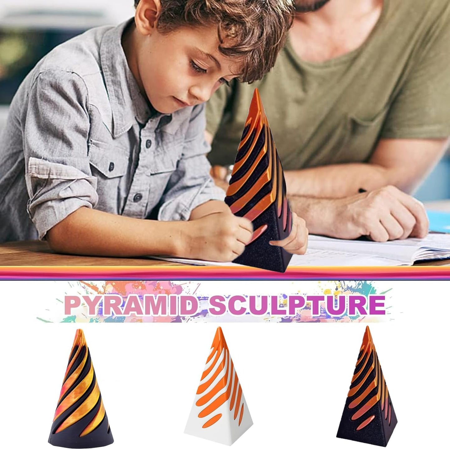 Impossible Pyramid Passthrough Sculpture,Pyramid Passthrough Sculpture-3D Printed Spiral Cone Toy Pyramid Decor Home Desktop Fidget Toys for Adults with Anxiety (Orange) (Black Orange)