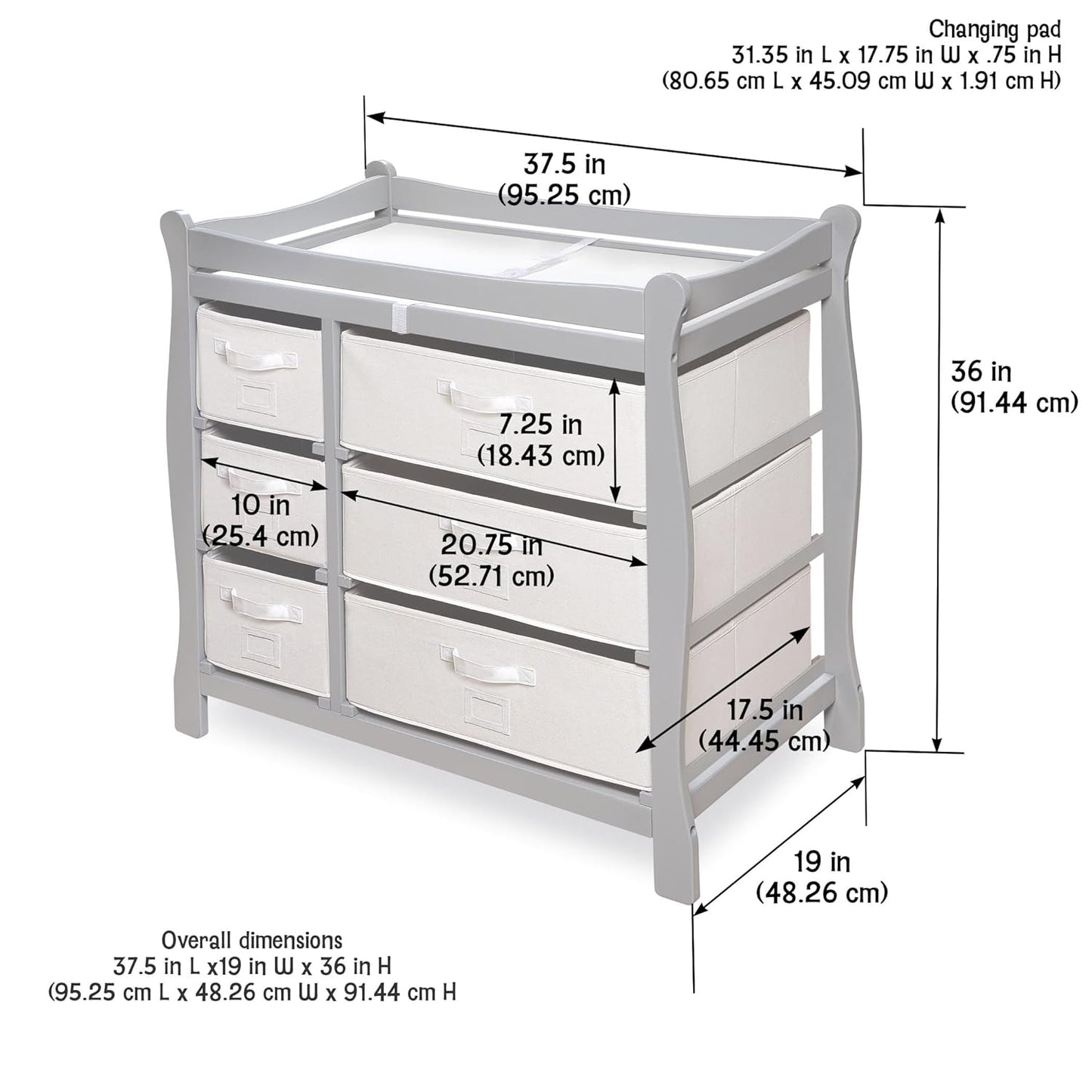 Badger Basket Sleigh Style Baby Changing Table - Diaper Station with 6 Removable Storage Baskets, Safety Rails, Pad, and Belt - Nursery Organizer - Cool Gray