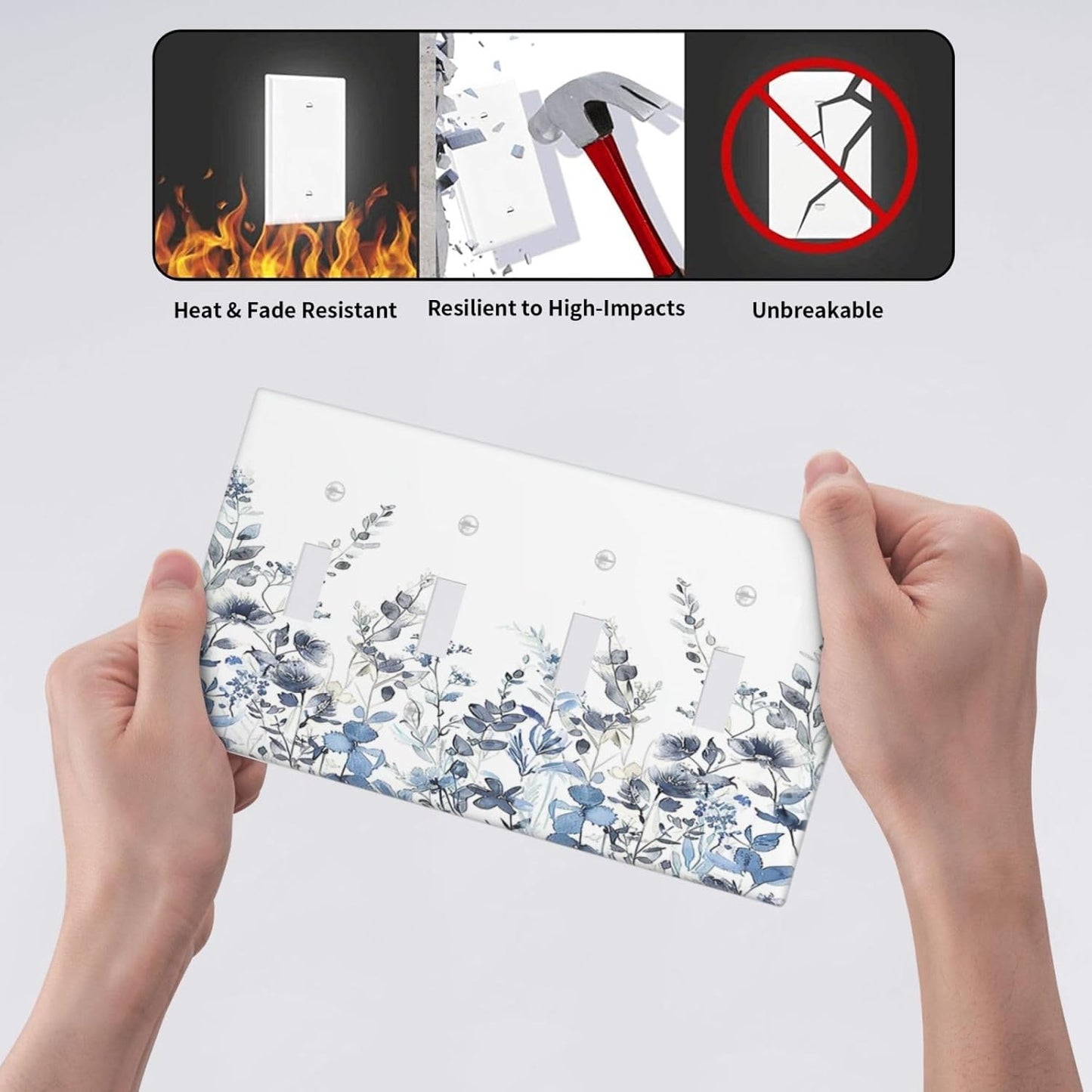 Light Switch Covers Light Blue Watercolor Leaves Plant With Floral Quad Toggle Electrical Faceplate 4 Gang Wall Plate Decorative Switch Plates for Bedroom Bathroom Decor