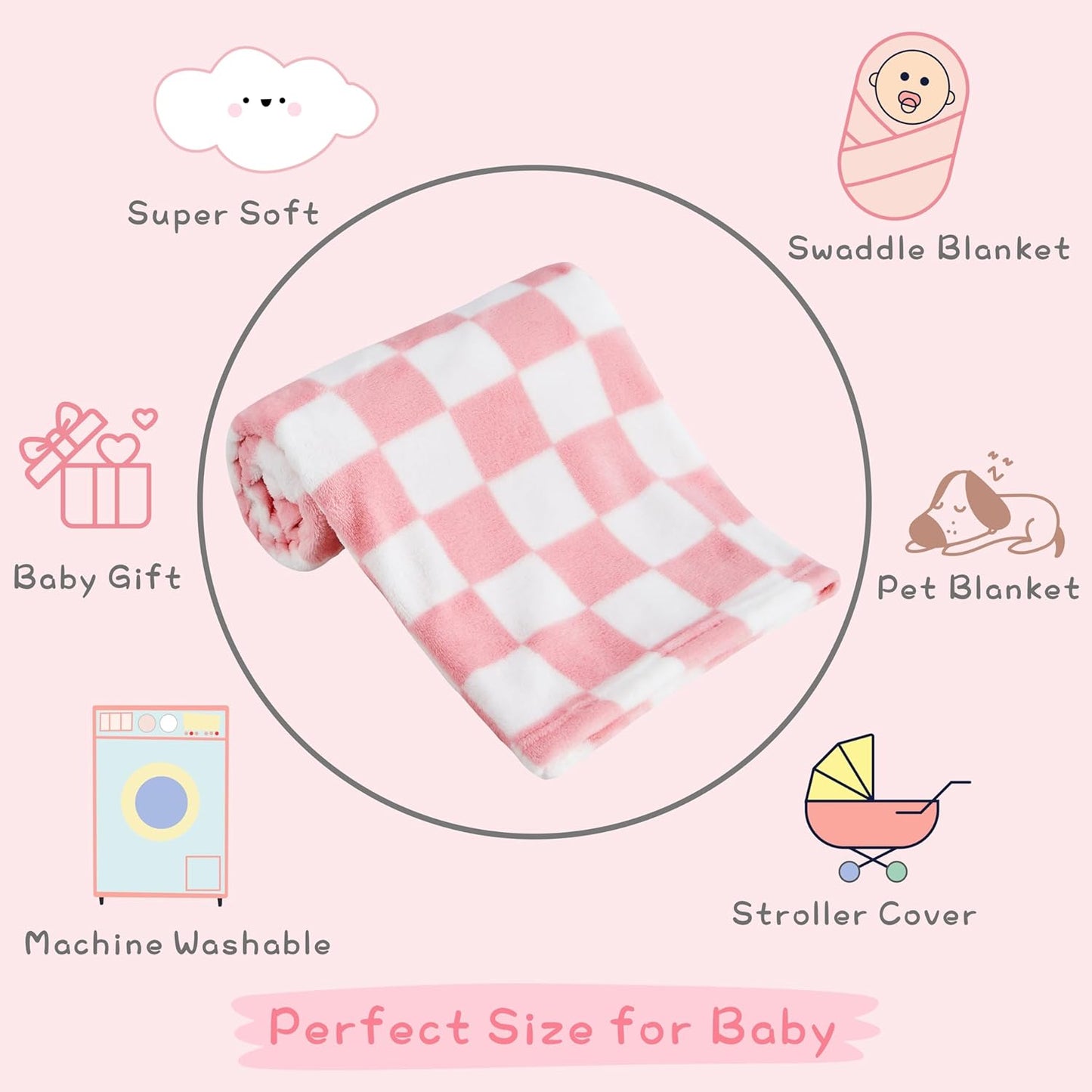 Yurhap Checkered Baby Blanket for Girls Pink Fleece Baby Blankets for Girls Boys, Warmer Comfort Lightweight Bed Blanket for Toddlers Infants or Newborn, 30''x40'', Pink