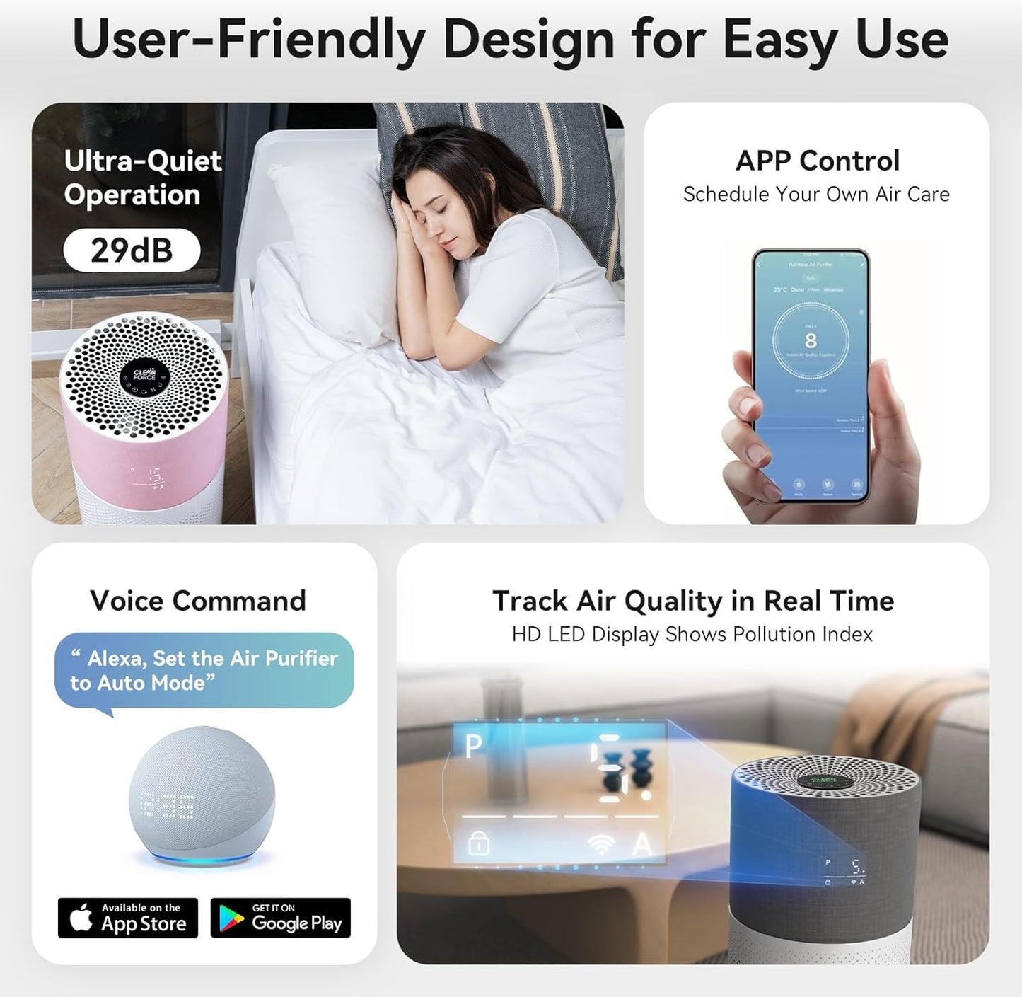 CleanForce Air Purifier for Large Rooms Up to 2550 ft², H13 HEPA Air Cleaner with Sleep Mode, Ideal for Home and Offices, Alexa Compatible, Removes Dust, Allergens, and Odors, Gray, New Edition