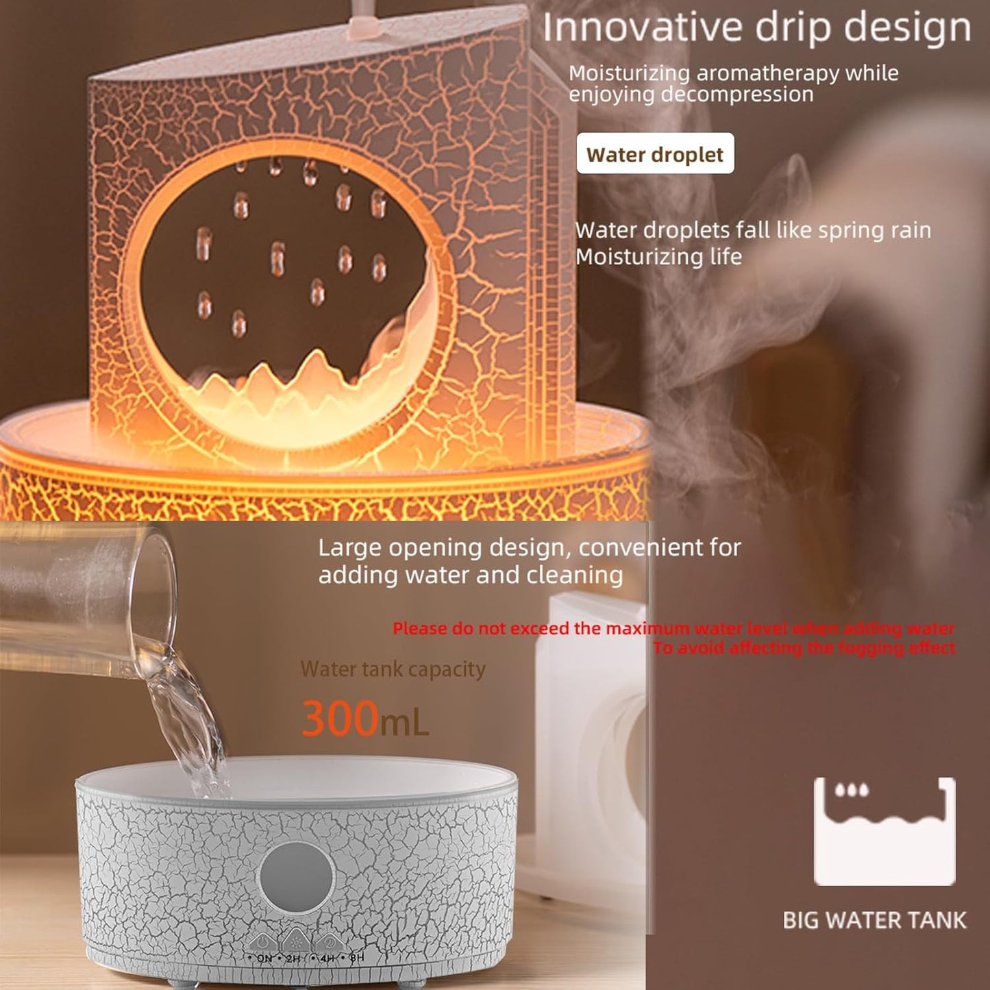 Raindrop Humidifiers for Bedroom,300ML Ultrasonic Small Humidifier, Aromatherapy Essential Oil Vaporizer, Essential Oil Diffuser with Atmosphere Light,Suitable for Bedroom, Hotel,Gym,Yoga Room