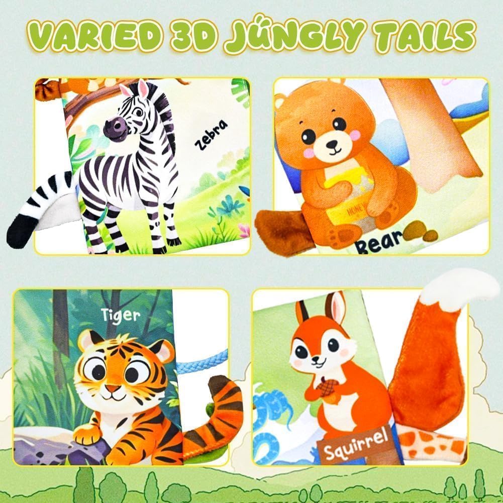 Baby Toys 0-6 Month, Crinkle Books for Babies, Jungle Tails Soft Baby Cloth Books 6 to 12 Months with 10 Pcs Jungle Animal Finger Puppets, Infant Tummy Time Sensory Toys, Newborn Gifts for Boys Girls