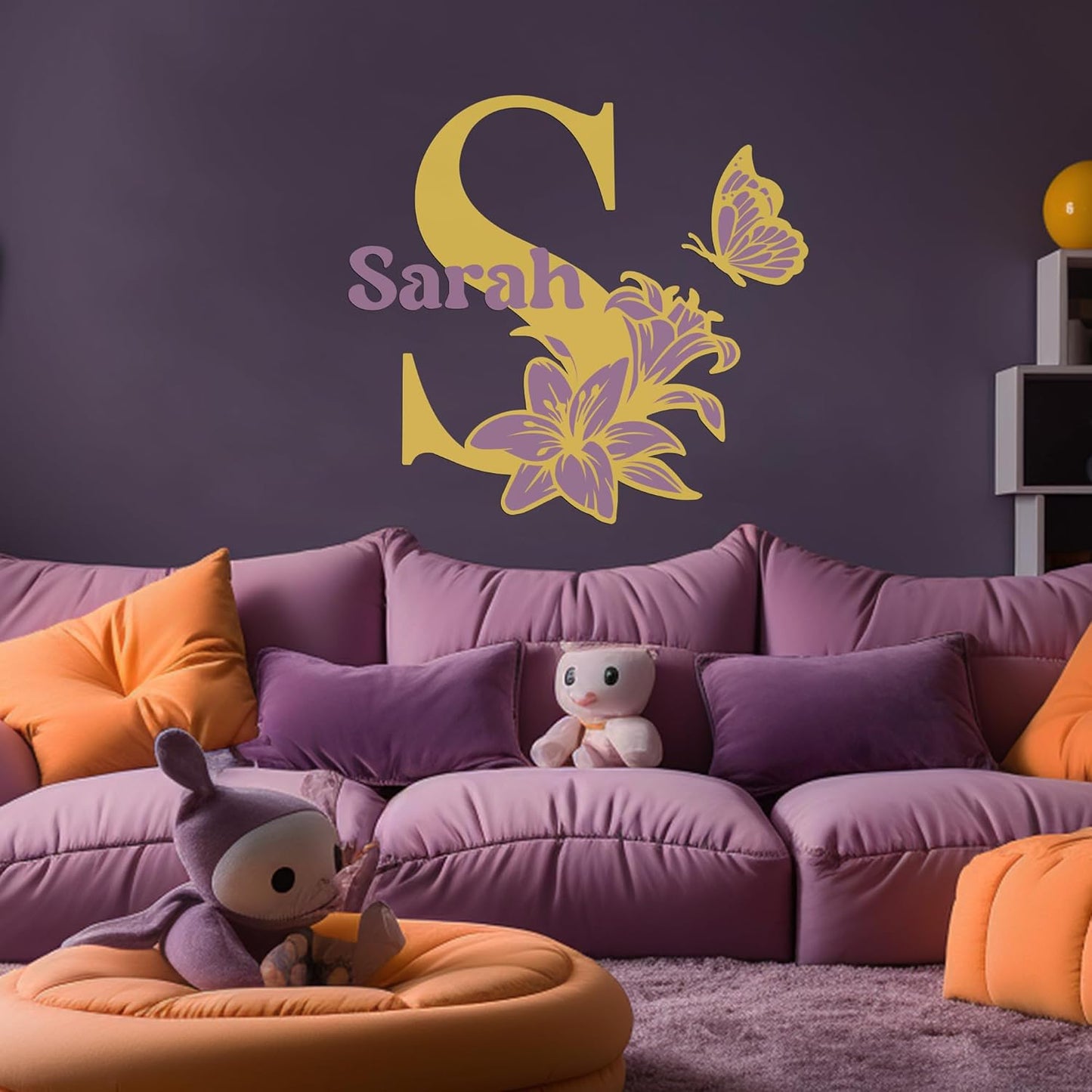 CRYPTONITE Custom Name & Initial with Lily and Butterfly I Flower Wall Decals for Bedroom Decor | Custom Decal for Girl Bedroom Decor I Pink Room Decor for Little Girl Room Decor (B. Flower)