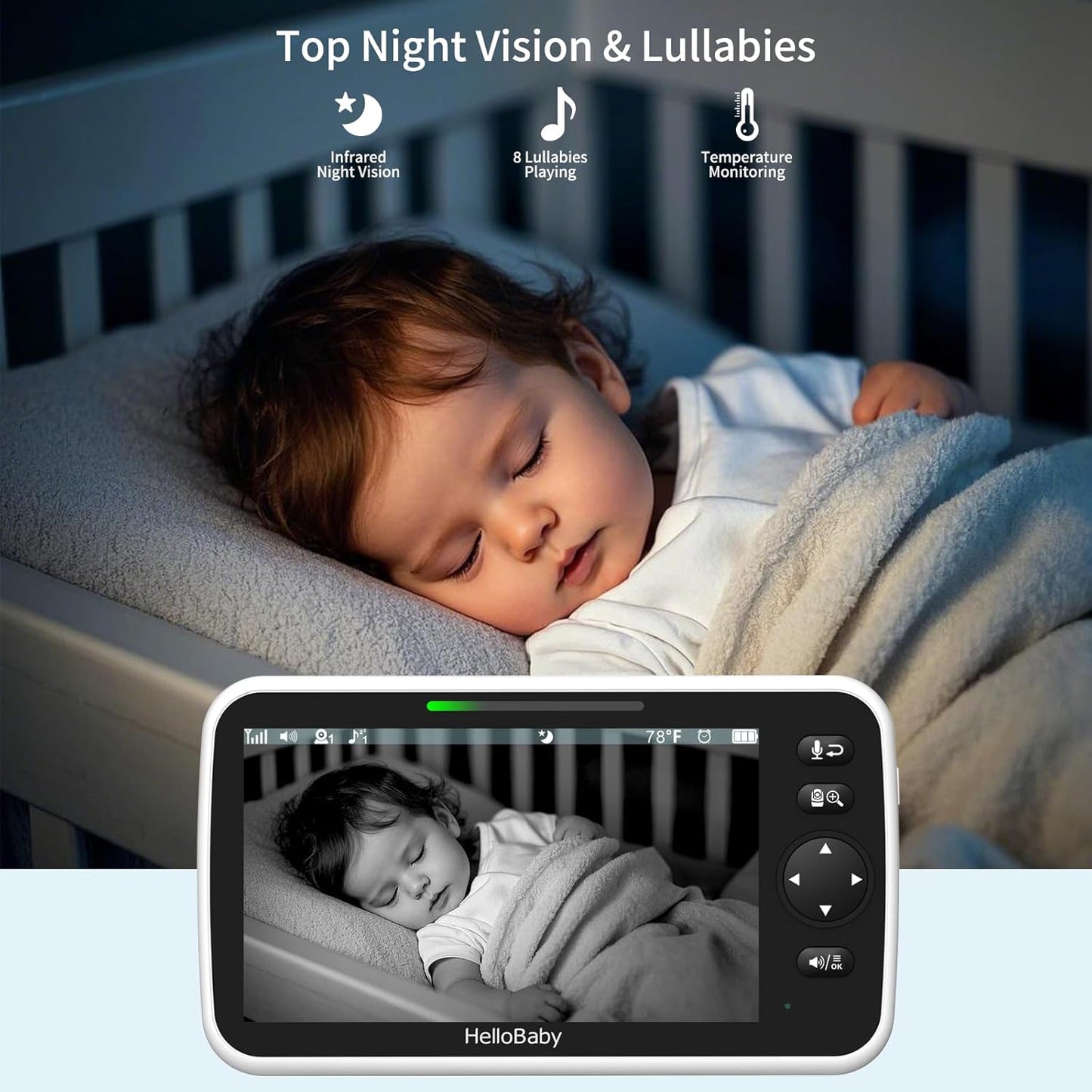 HelloBaby 6'' World First IPS 30H Battery Split-Screen Video Baby Monitor with Camera and Audio, No WiFi, Pan-Tilt-Zoom, VOX, 2-Way Talk, Night Vision, 8 Lullabies, 1000ft, for New Parents/Elderly