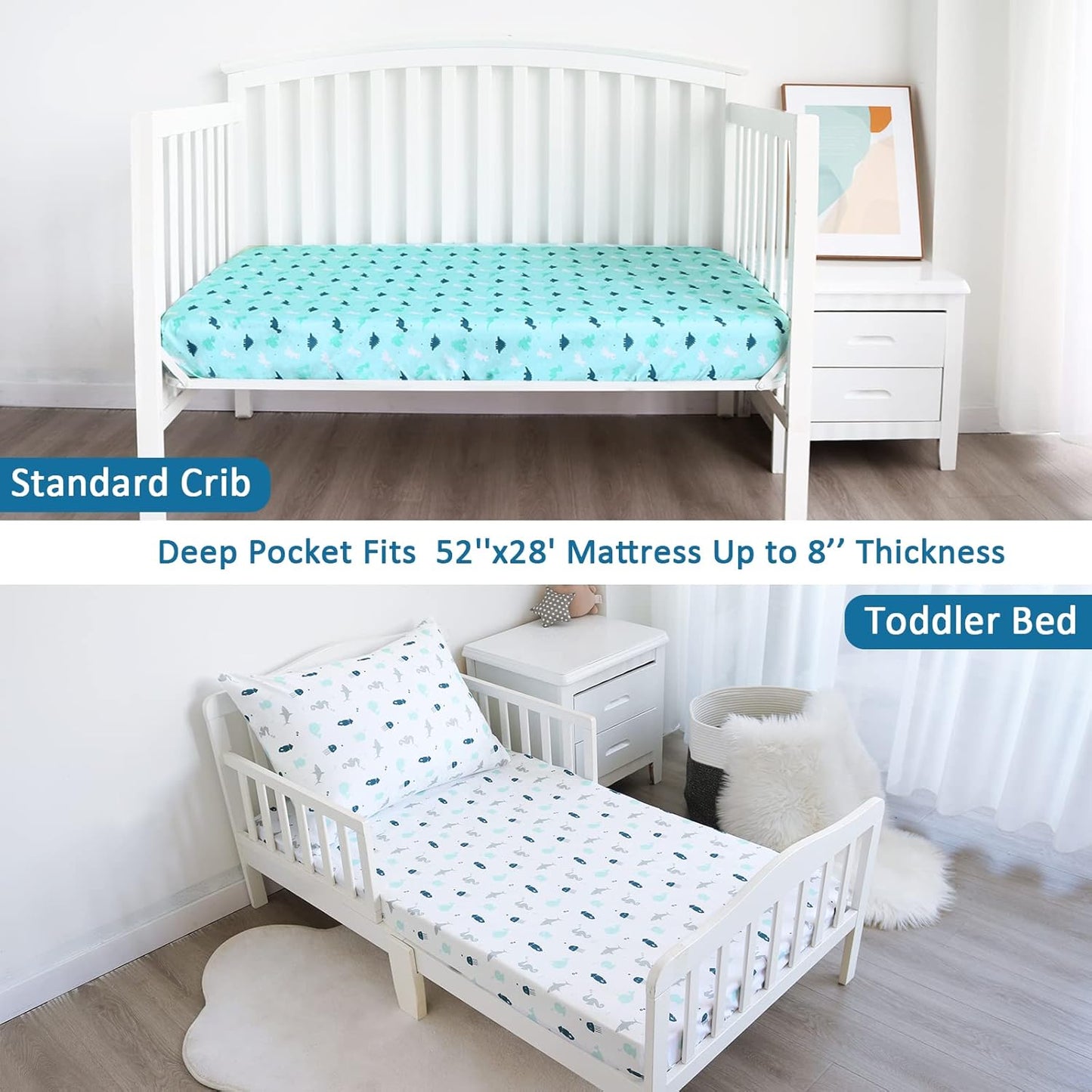 Crib Sheets for Boys or Girls 4-Pack, Fitted Crib Sheet 52'' x 28'' for Standard Crib & Toddler Mattress, Soft and Breathable Material, Baby Crib Sheets Neutral, Dinosaurs & Ocean