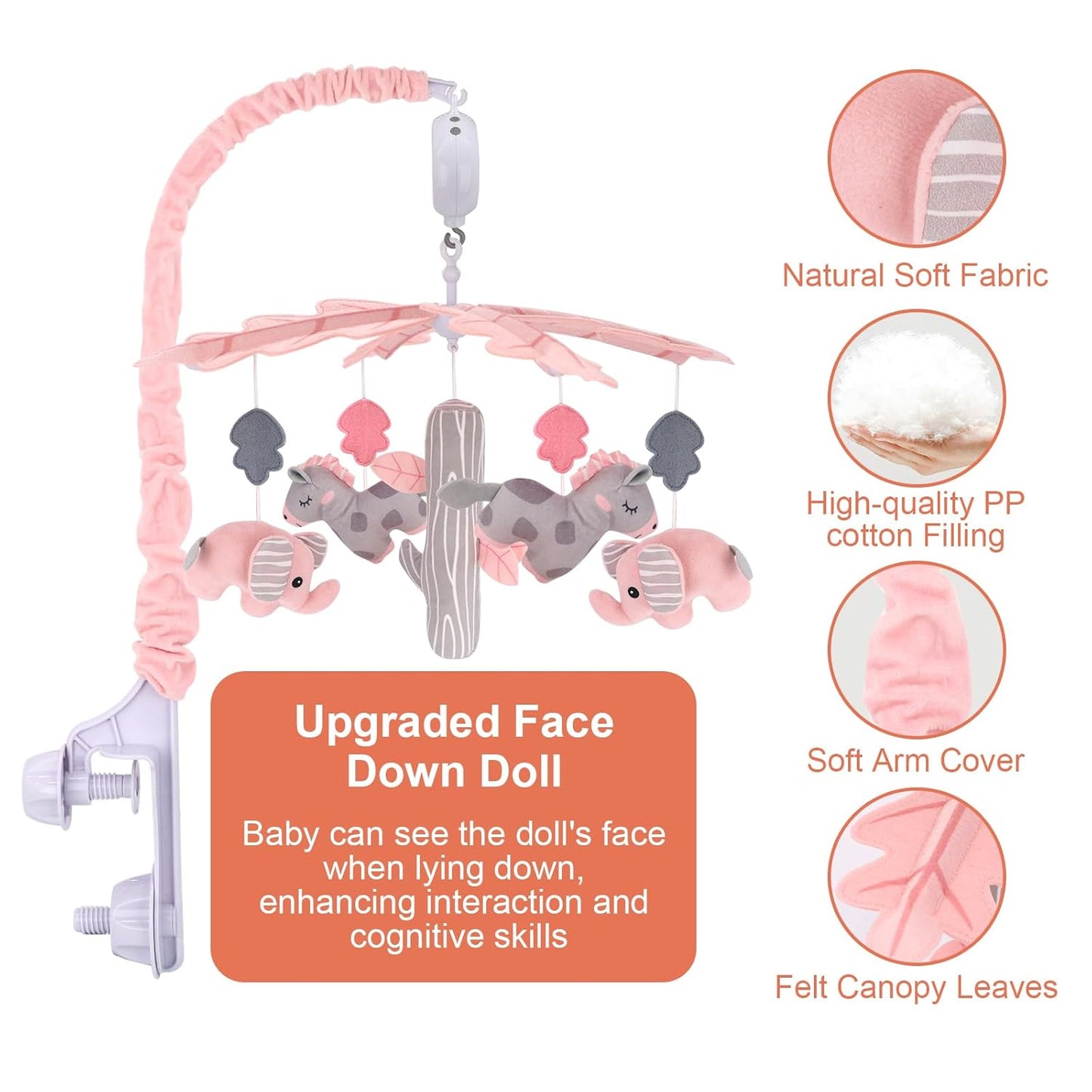 Upgraded Blublu Park Musical Mobile for Crib, Baby Crib Mobile with Hanging Rotating Toys Woodland Nursery Decor for Newborn Baby Boys Girls, Digital Music Box with 3 Modes, 12 Lullabies (Pink)