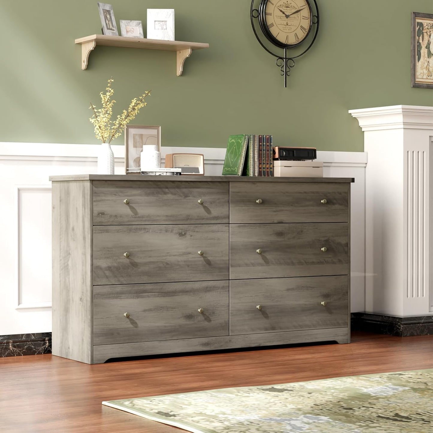 VINGLI 59" Long Dresser 6 Drawer, Grey Large Dresser for Bedroom, Rustic Gray Chest of Drawers, Farmhouse, 59" W x 15.75" D x 32" H