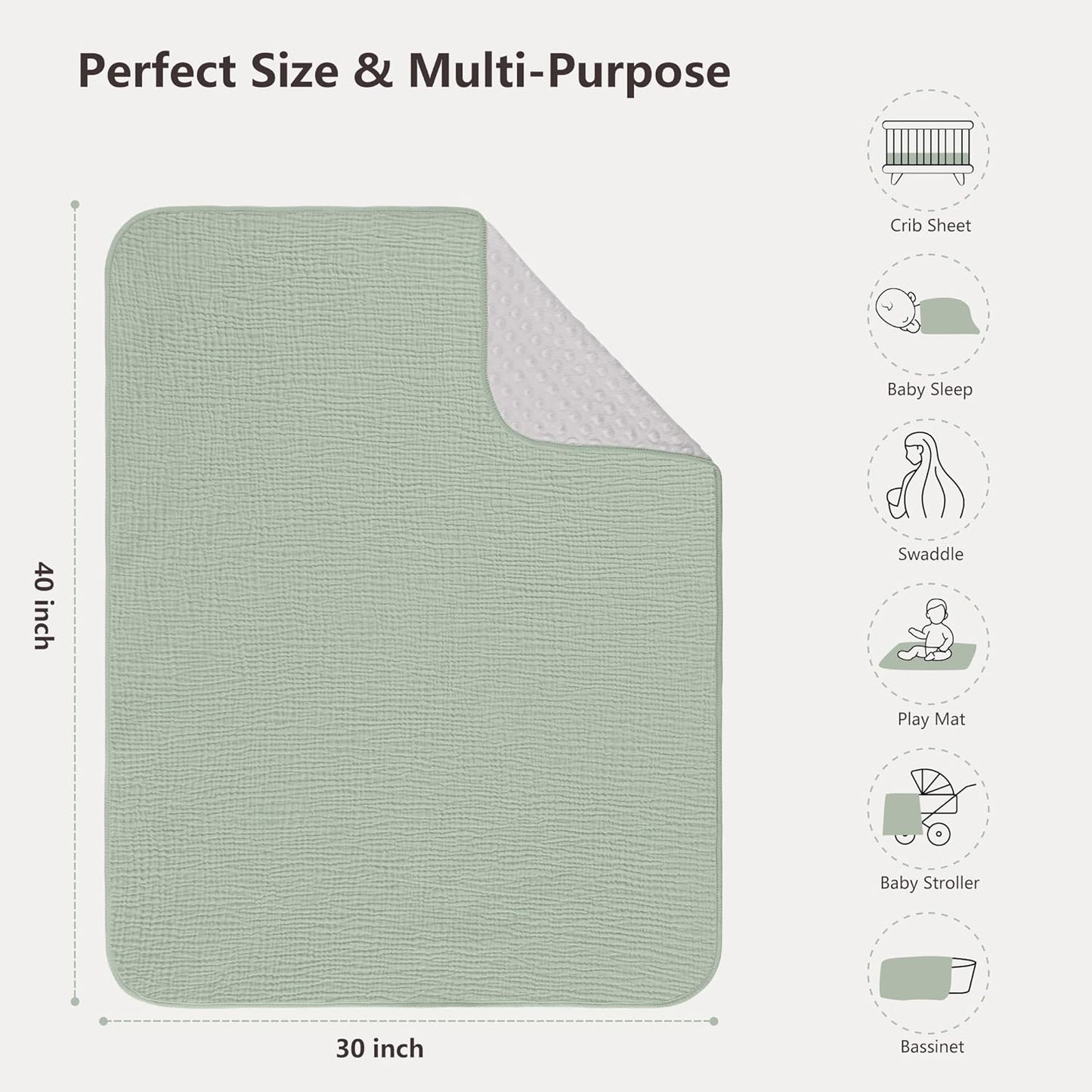 Susurration Baby Blanket for Unisex Boys Girls, Soft Nursery Minky Blanket with Muslin Cotton Front and Dotted Fleece Back, Receiving Blanket for Baby Newborn Infant, 30x40inch (Green)