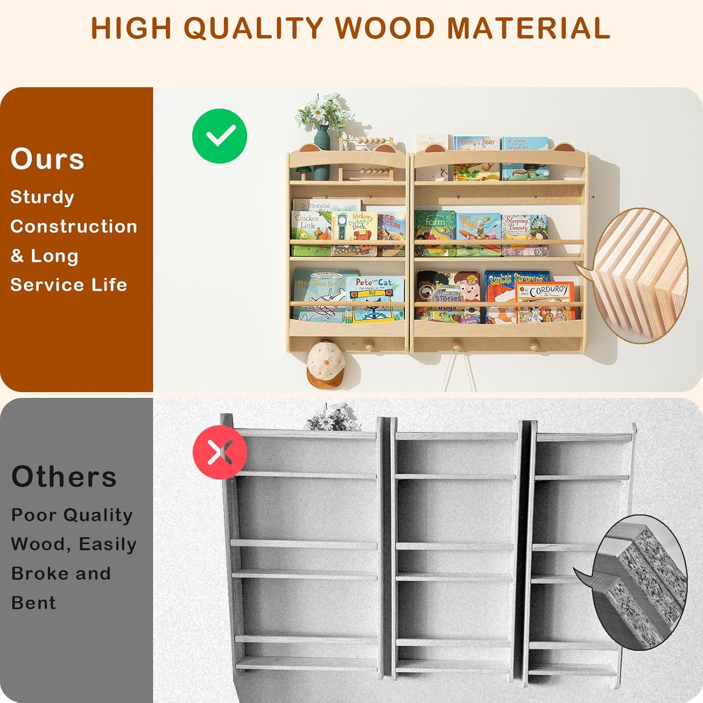 Wall Bookshelf - 3-Tier Floating Wooden Shelves for Kids Room, Nursery, Baby Room, Playroom, Living Room - Birch Hanging Montessori Bookshelf (Narrow)