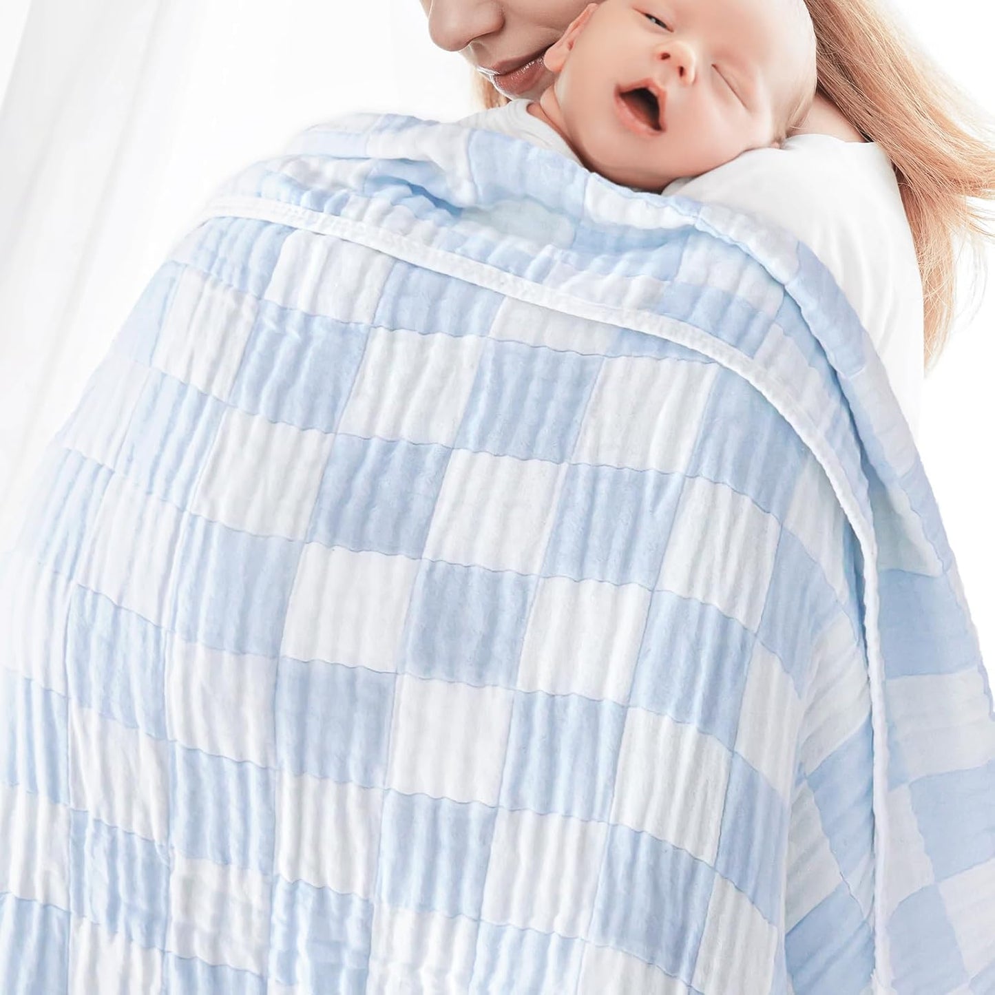 Muslin Baby Blankets for Boys Girls, 70% Cotton and 30% Rayon Blanket for Infant Toddler, Super Soft and Lightweight Blankets with Checkerboard Design Blue 43 x 43 Inches