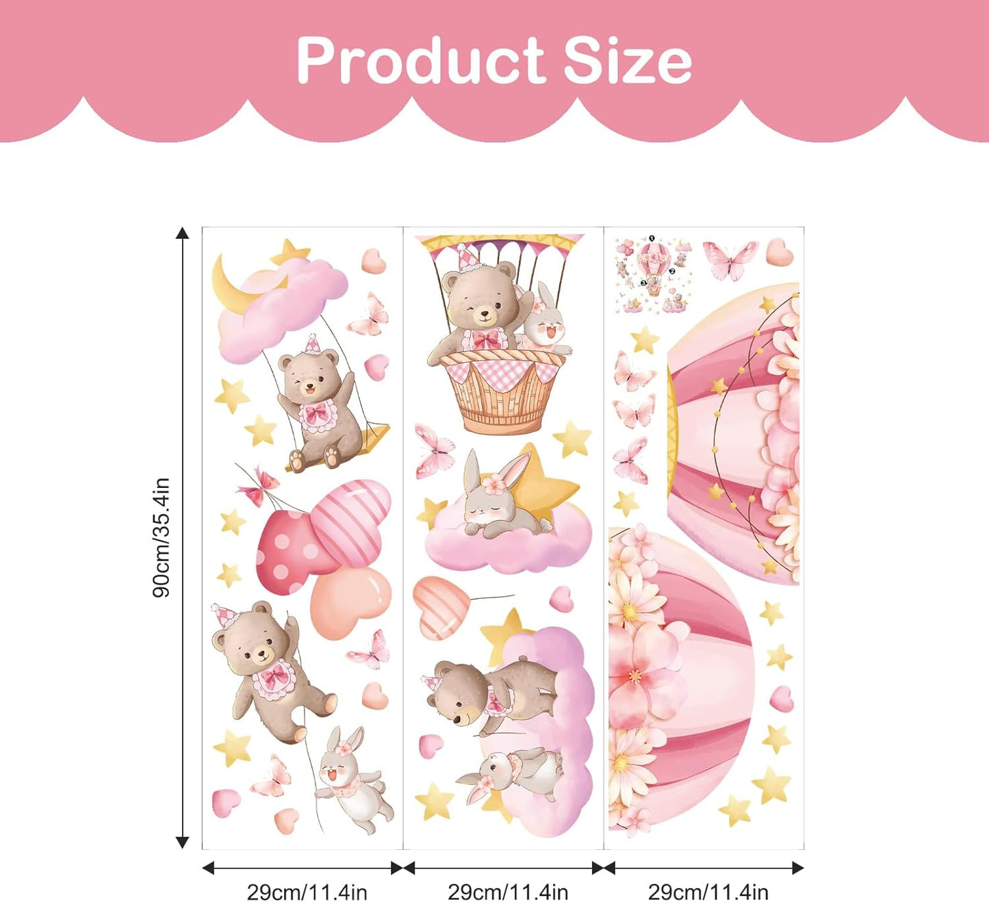 Tanlaby Pink Hot Air Balloon Wall Stickers Cartoon Bear Rabbit Stars Heart Wall Decals Peel and Stick Art Decor for Girls Bedroom Baby Nursery Kids Playroom Classroom