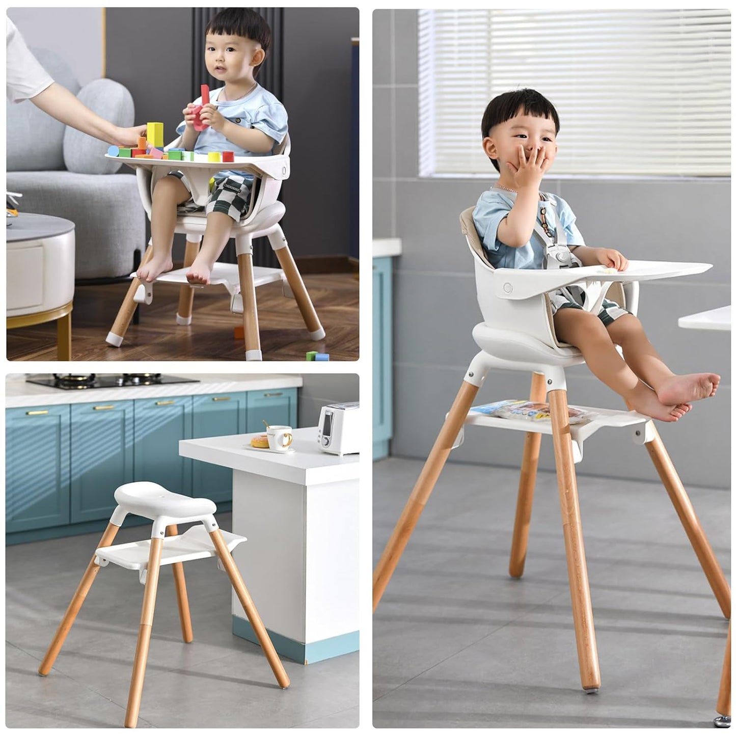 Baby High Chair, 6 in 1 Wooden Convertible High Chairs for Babies and Toddlers, Booster Seat with Double Tray & Reversible Footrest Baby Highchair, 5-Point Harness Baby Feeding Chair, Beige