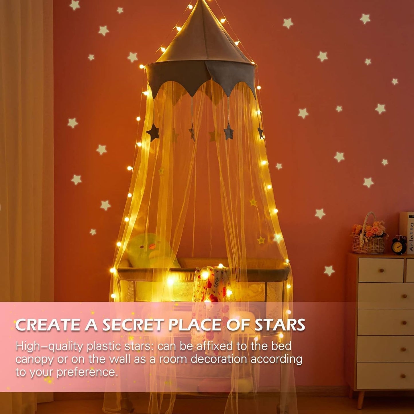 Canopy for Kids Bed with Stars, Crib Canopy with Dome, Elegant Net Hanging Fairy Girl Bed Canopy Princess Room Decoration Reading Nook Corner Curtain Fits Full Crib, Twin, Queen Play Castle Tent