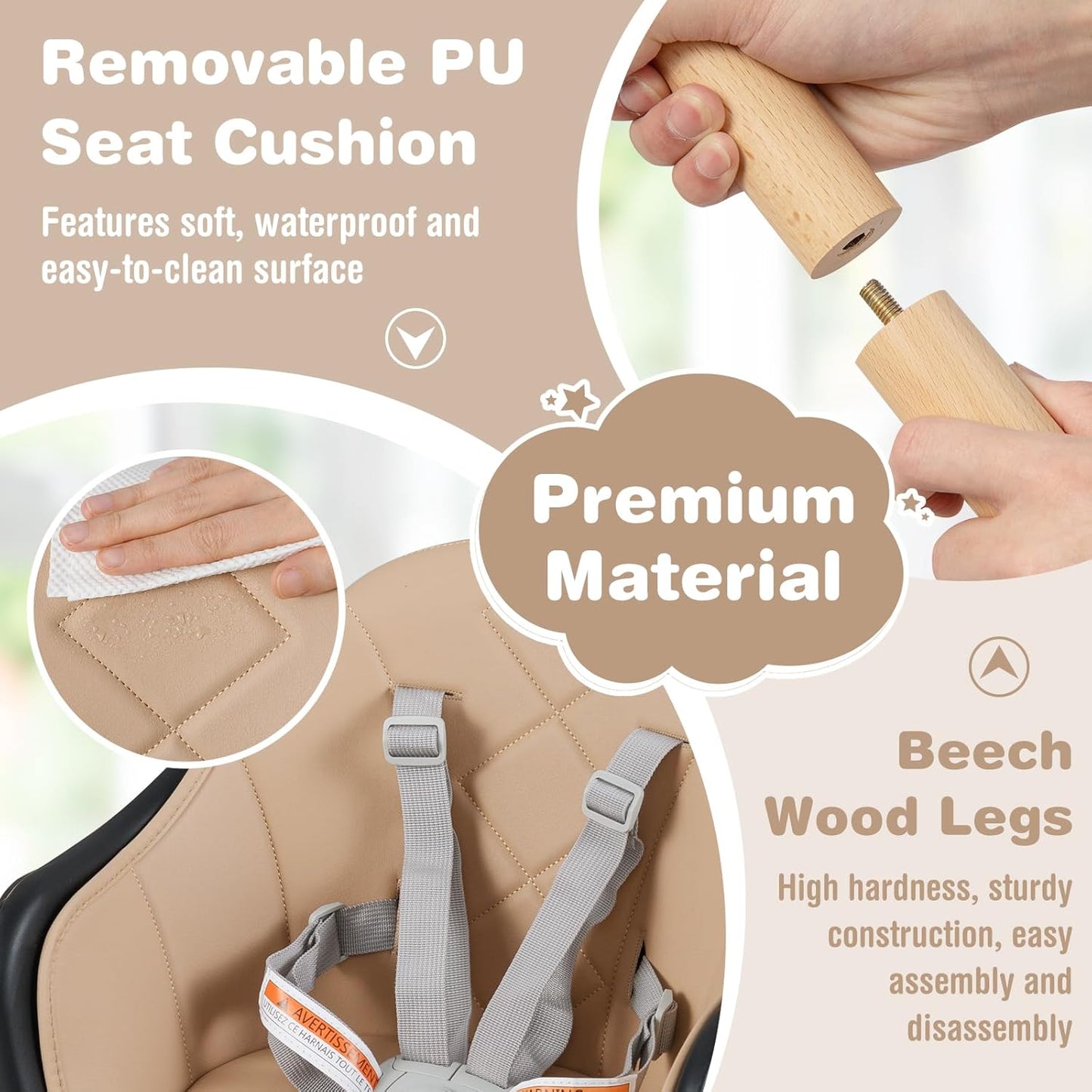 BABY JOY Baby High Chair, 6 in 1 Convertible Wooden High Chair for Babies & Toddlers with Adjustable Legs, Double Removable Tray, Safety Harness & Waterproof PU Cushion (Coffee)