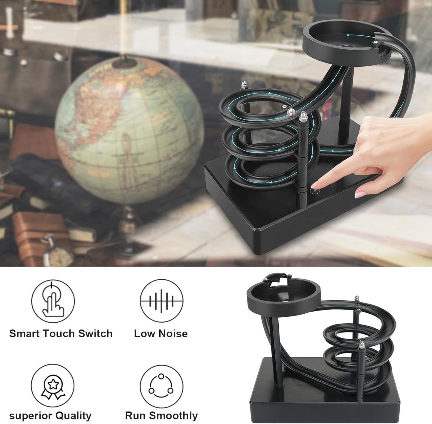 Kinetic Art Perpetual Motion Marble Machine for Home Office, Non-Stop Rolling Ball Toys Science Physics Gadget, Newtons Desktop Decoration Toys for Unisex Children Adult(Black)