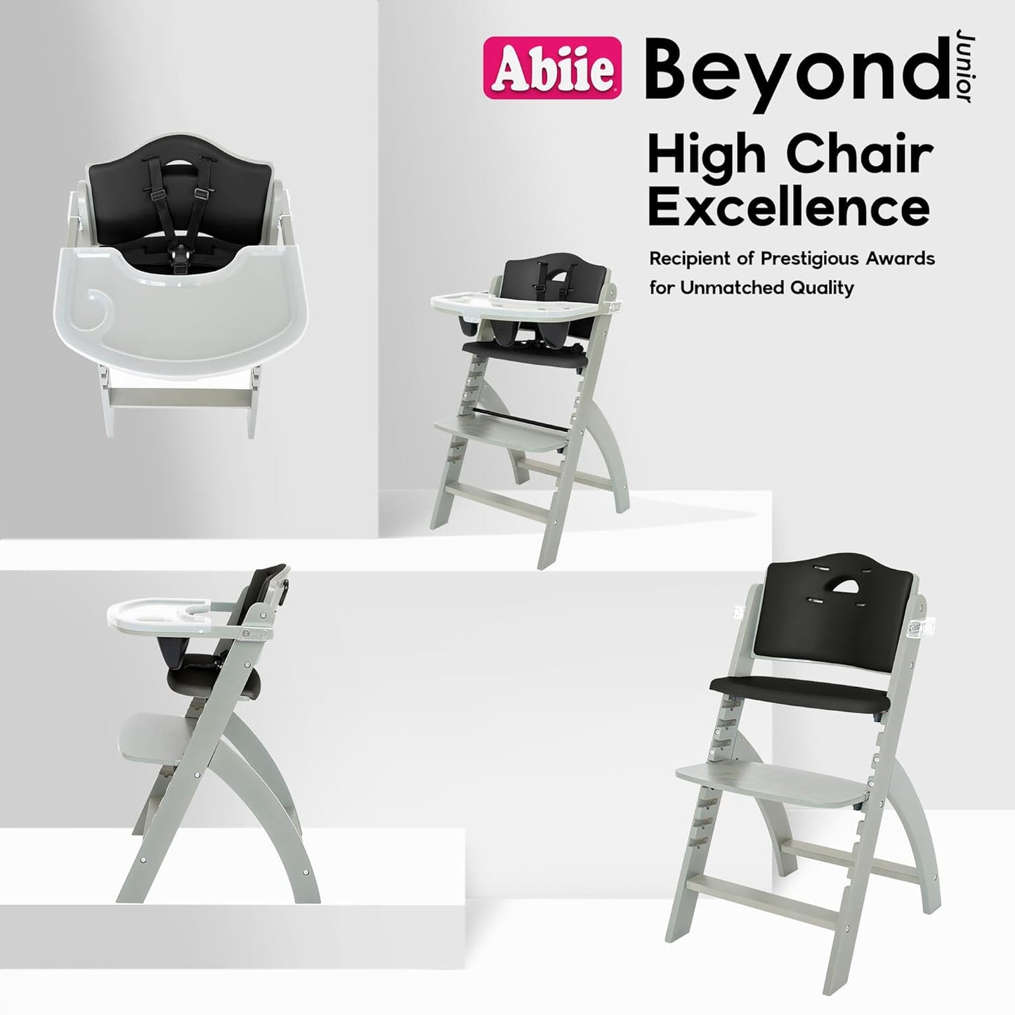 Abiie Beyond Junior Wooden High Chair with Tray - Adjustable and Convertible High Chair for Babies and Toddlers - 6 Months to 250 Lb - Water Resistant - Misty Grey Wood/Black Pearl Cushion
