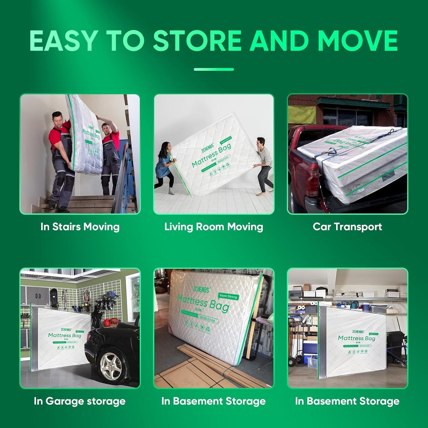 ZCHENBS® – Mattress Bags for Moving and Storage,Mattress Bag with Zippers,5 Mil Ultra-Thick Bed Bag,Waterproof,Anti-Tear,Heavy-Duty Mattress bag (Tansparent/Green, Crib-(1 Pack))