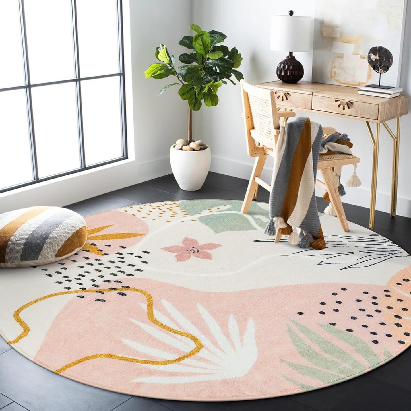Lahome Pink 6' Round Area Rug, Non-Slip Soft Ultra-Thin Washable Floral Boho Rugs for Living Room, Dining Room, Bedroom, Entryway, Office Dorm, Lightweight