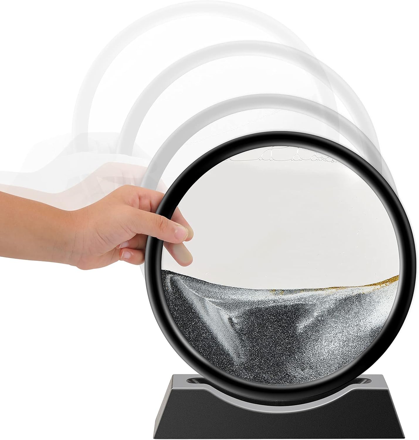 Liquid Motion Sandscape Round Moving Sand Art Sensory Toy Anxiety Fidget ADHD Relaxation Toy Home Office Desktop Decoration (Black, 7-in)