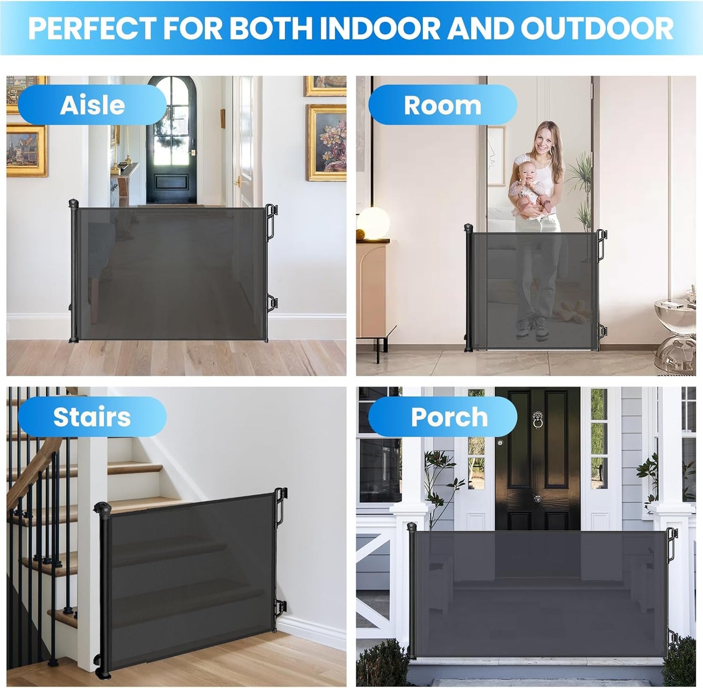 Retractable Safety Baby Gate or Mesh Dog Gate,Durable Portable Mesh Retractable Gate,Easy to Use for Stairs, Doorways, Hallways, Indoor, Outdoor, 33.5" Tall, Up to 65" Wide, Black