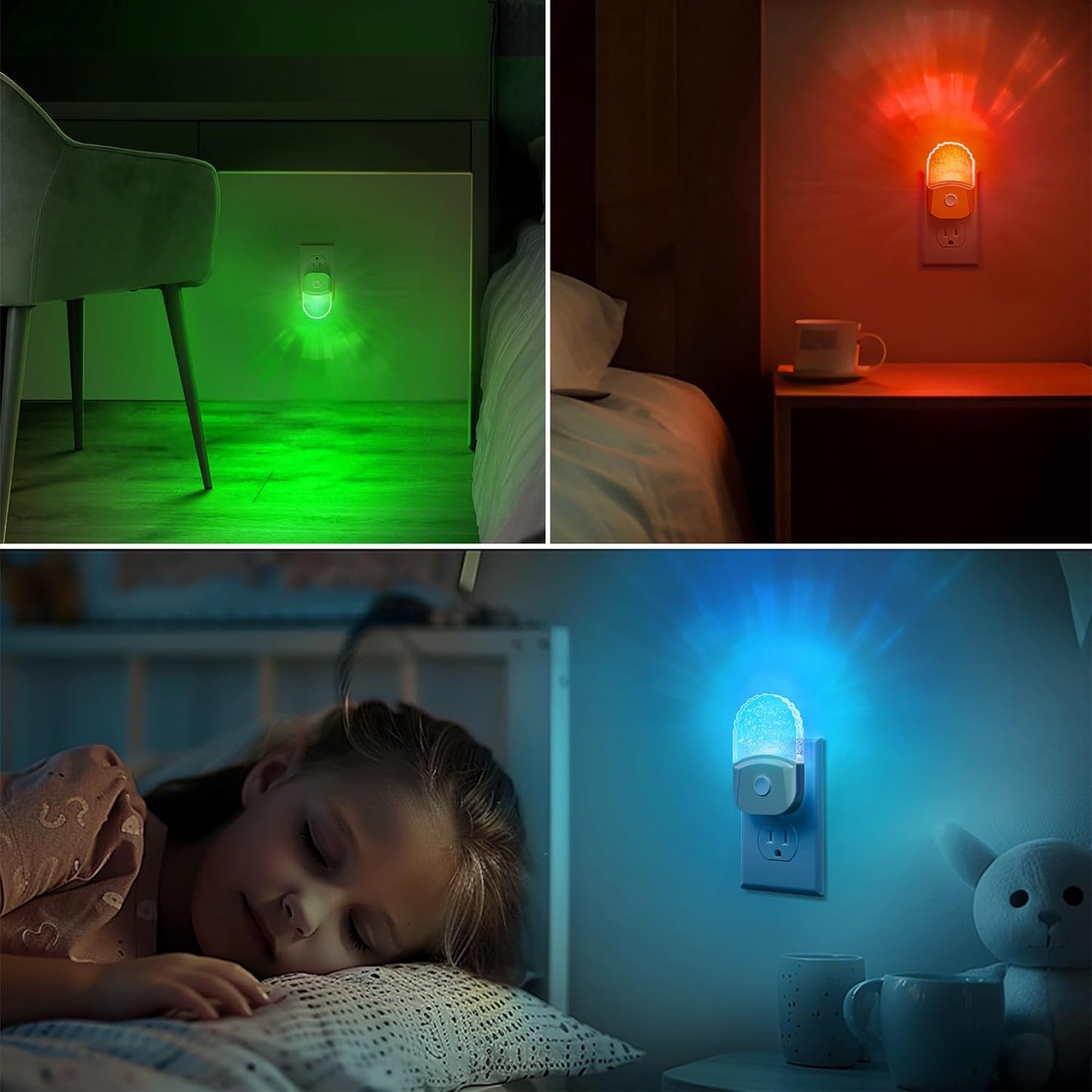 Night Lights Plug into Wall, 2 Pack, Night Light Color Changing, LED Acrylic 8 Colors RGB, Gold Cover Nightlight for Kids,Bathroom, Dusk to Dawn Sensor, Warm White 3000K for Bedroom, Hallway