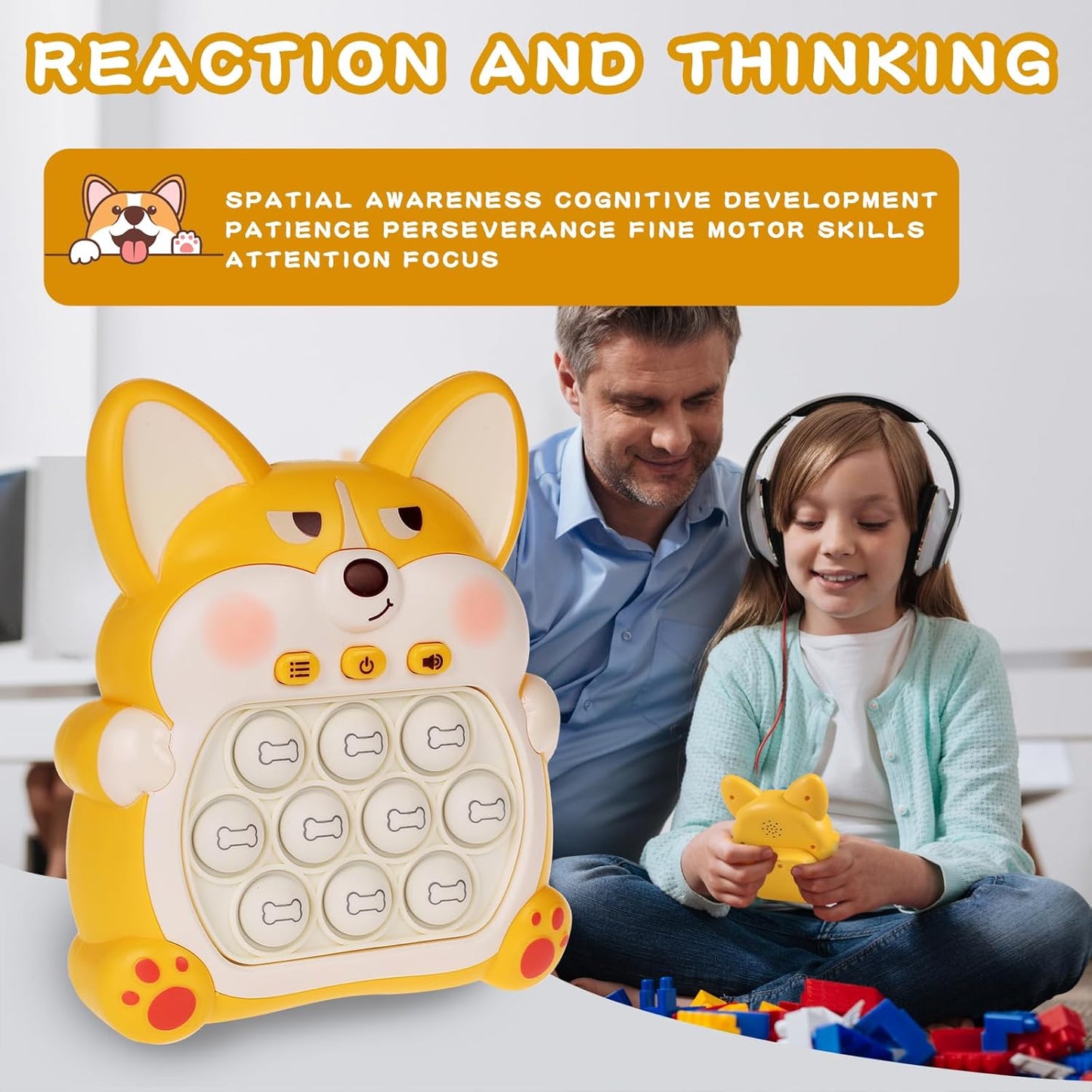 Fast Push Game Pop Fidget Toys for Kids, Fast Push Bubble Game, Quick Push Pop Game for Boys & Girls Age 3-12, Handheld Puzzle Game Sensory Toys Relaxation and Decompression (Yellow Corgi)