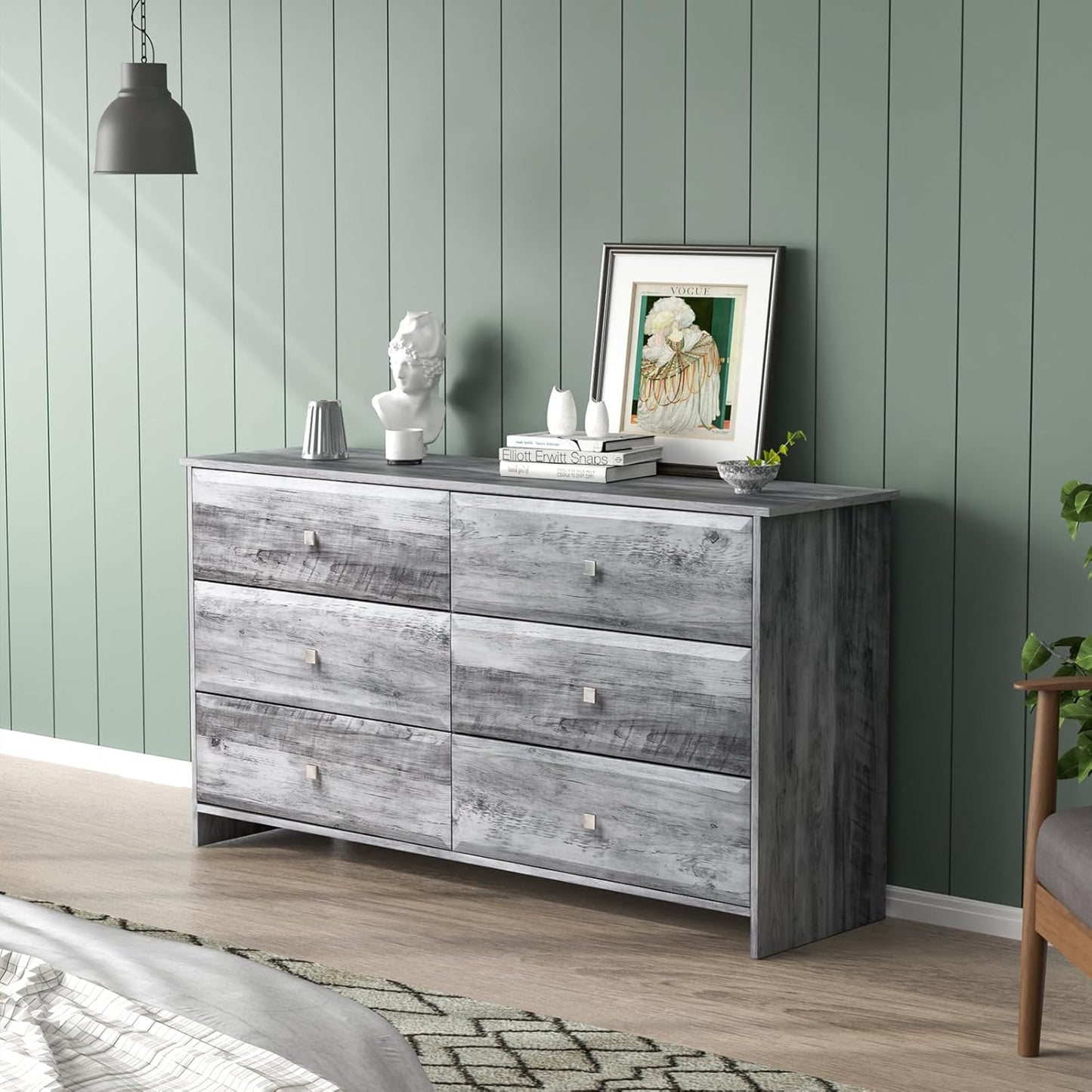 VINGLI Gray Dresser 6 Drawer, 54" Long Dresser for Bedroom, Wood Chest of Drawers with Textured Drawer Fronts, Rustic Grey Dressers Chest, 14.5" D x 53.9" W x 29.1" H