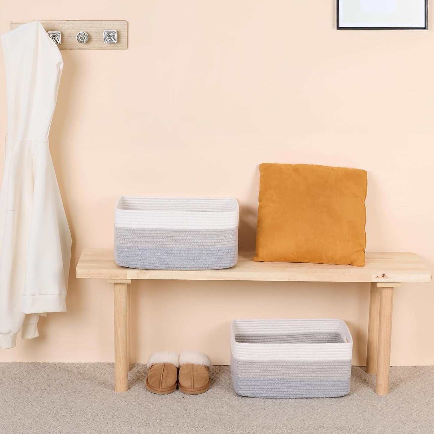 Large Storage Baskets for Shelves, Closet Organizers Bins for Clothes Blanket Towels, Baby Nursery, Toy Baskets Box, Woven Rope Baskets, 17 x 13 x 7.5”, 2 Packs Gradient Grey