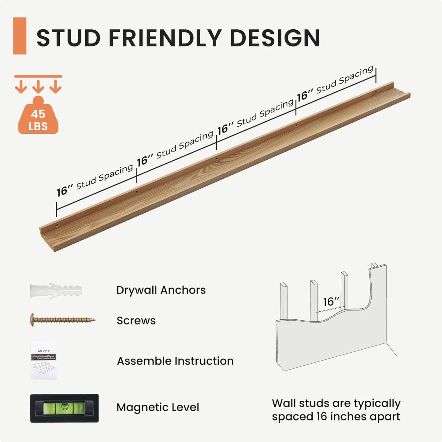 Picture Ledge Shelf, 72 inch Solid Ash Wood Floating Shelves Set of 2, Picture Ledge Photo Ledge Wall Mounted for Living Room Kids' Room Bedroom, Color Natural