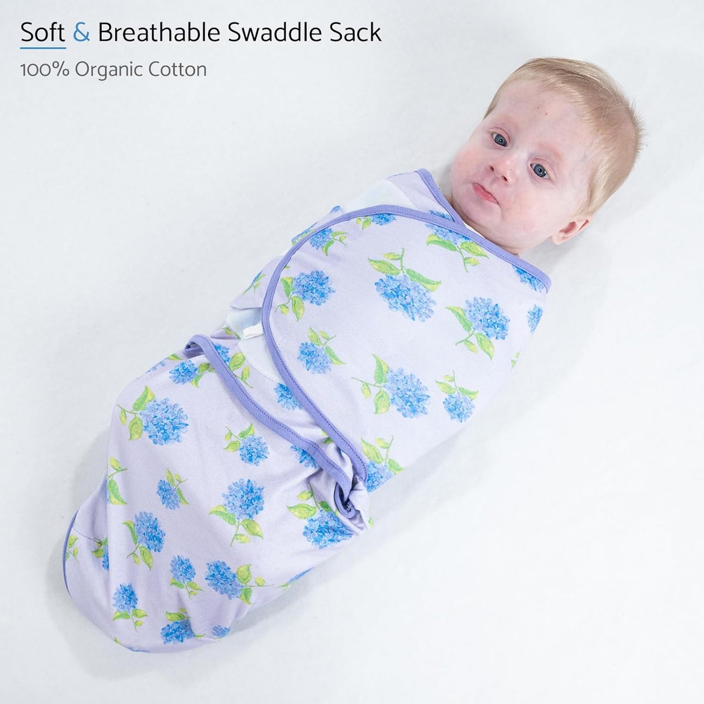 LollyBanks Baby Swaddles 100% Organic Cotton, 0-3 Months Baby Girl Swaddles with Easy Change Zipper, Swaddle Sack for Newborn Girls (Hydrangea Print)