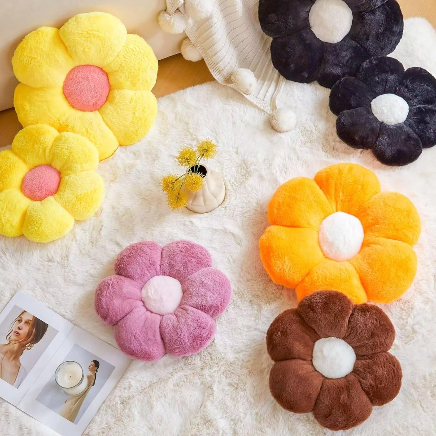 Dusty Purple Flower Pillow, Cute Decorative Flower Shaped Throw Pillow with Faux Rabbit Fur, 14.9" Soft Flower Plush Throw Pillow Floor Pillows Room Décor for Bedroom Living Room