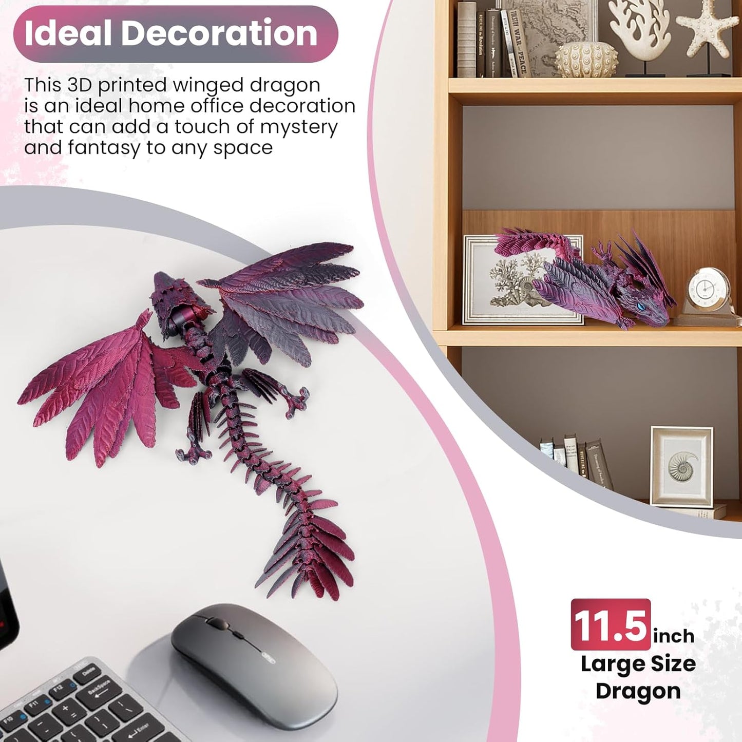 3D Printed Dragon with Wings,3D Printed Animals Toy,Crystal Dragon Fidget Toys,Full Articulated Dragon Crystal Dragon,Adults Fidget Toys for Autism ADHD,Home Office Decor (Red Black)