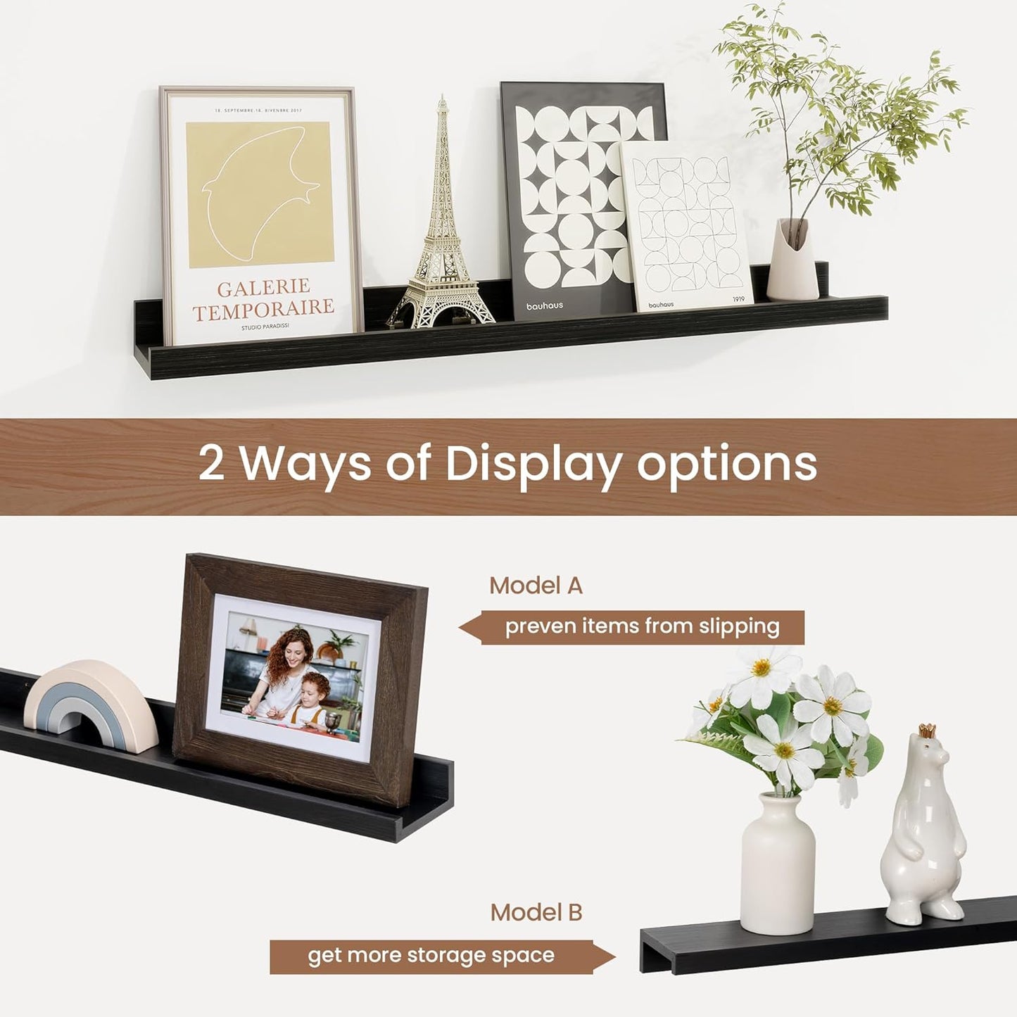 Picture Ledge Shelf, Solid Pine Wood Floating Shelves Set of 2, 24 Inches Nursery Book Shelves for Toys Storage, Kids Bookshelf Wall Mounted for Living Room Bedroom Decor Books Photo Frames, Black