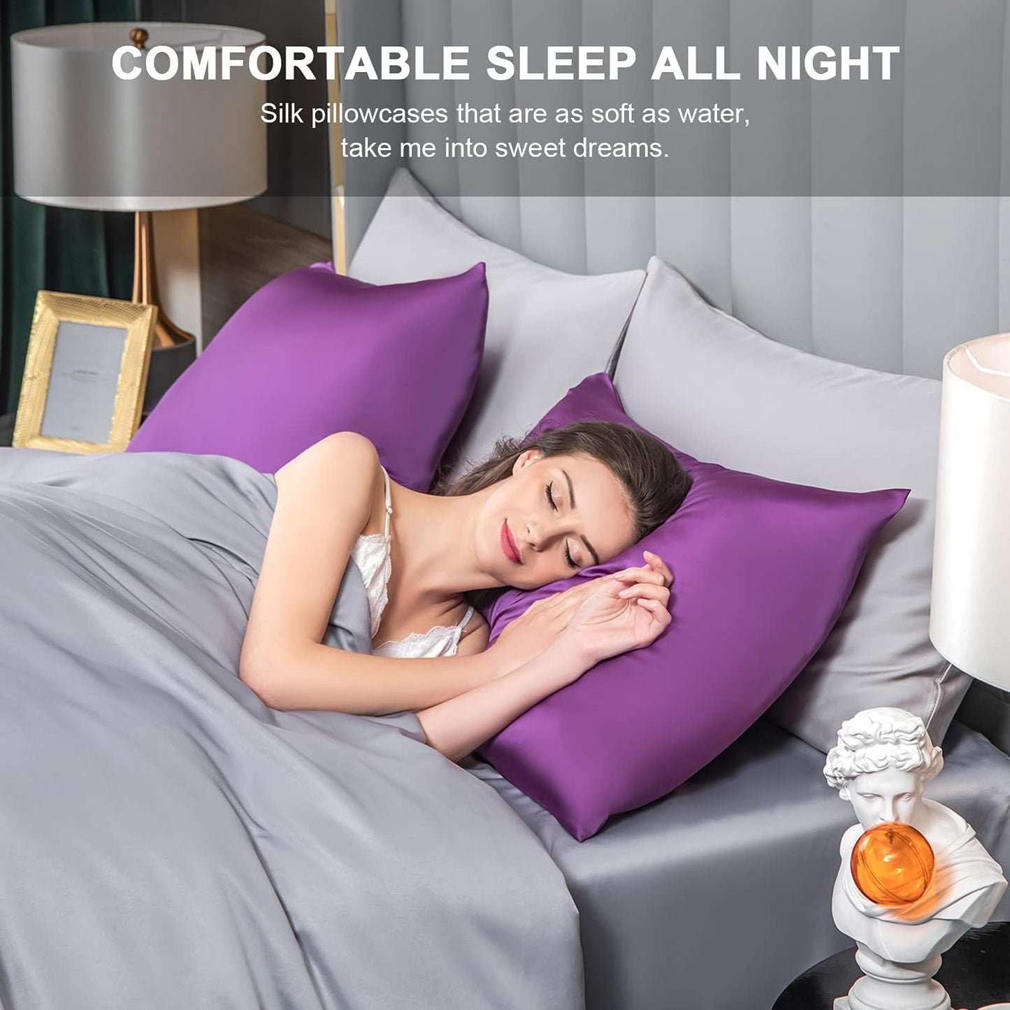 Mulberry Silk Pillowcase for Hair and Skin,Queen Size Cooling Silk Pillow Case with Hidden Zipper,Allergen Proof Dual Sides Soft Breathable Smooth Silk Pillow Cover for Women(Queen,Purple)