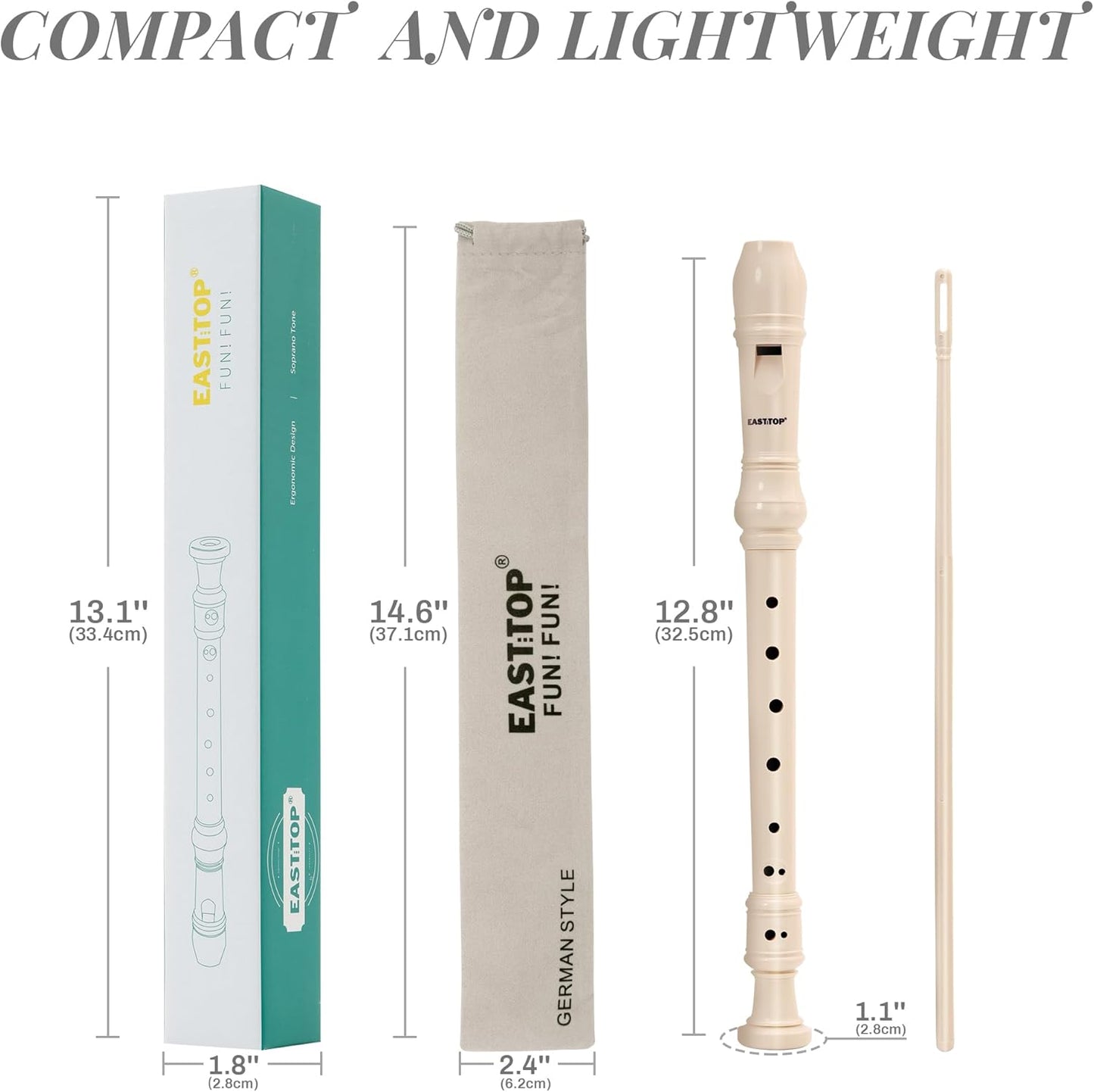 EAST TOP Soprano Recorder for Kids Beginners, 8 Hole Plastic German Fingering Flute Recorder 3 Piece with Cleaning stick, Cotton pouch, Fingering Chart, Colorful box (Ivory), as a gift