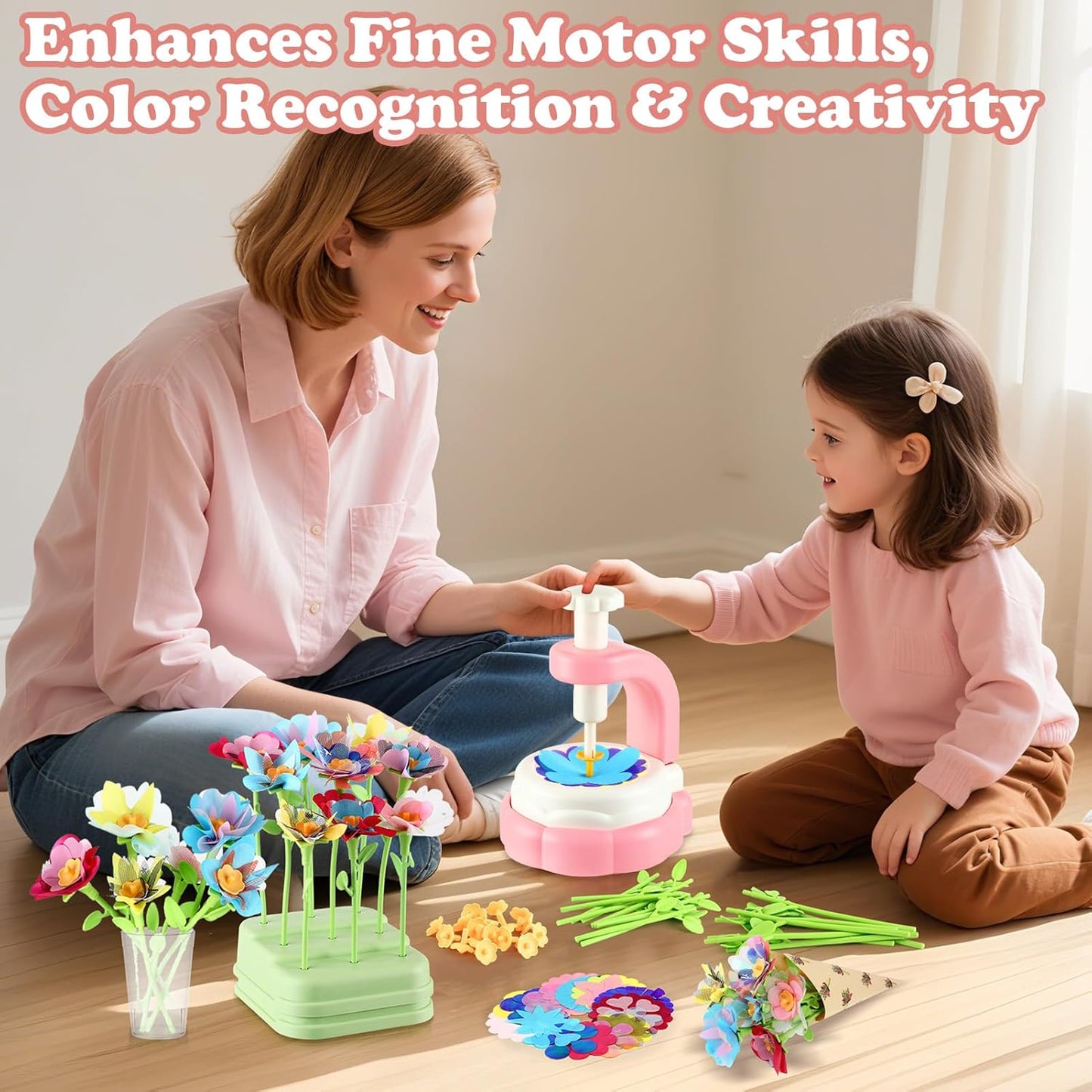 VoyCliza Flower Craft Kit for Girls Ages 4-8 โ DIY Bouquet Maker Toy with Wrapping Paper, Creative Art Birthday Gift for Kids, Educational Craft Toys for Girls Age 5 6 7