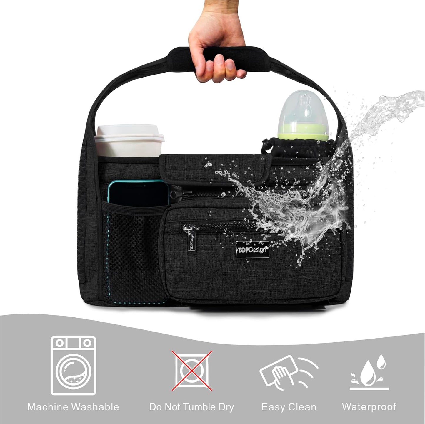 TOPDesign Universal Baby Stroller Organizer, Stroller Caddy with Detachable Mesh Bag & Heightened Insulated Cup Holders & Non-Slip Secure Hooks Accessories, Fits Most Strollers (Space Exploration)