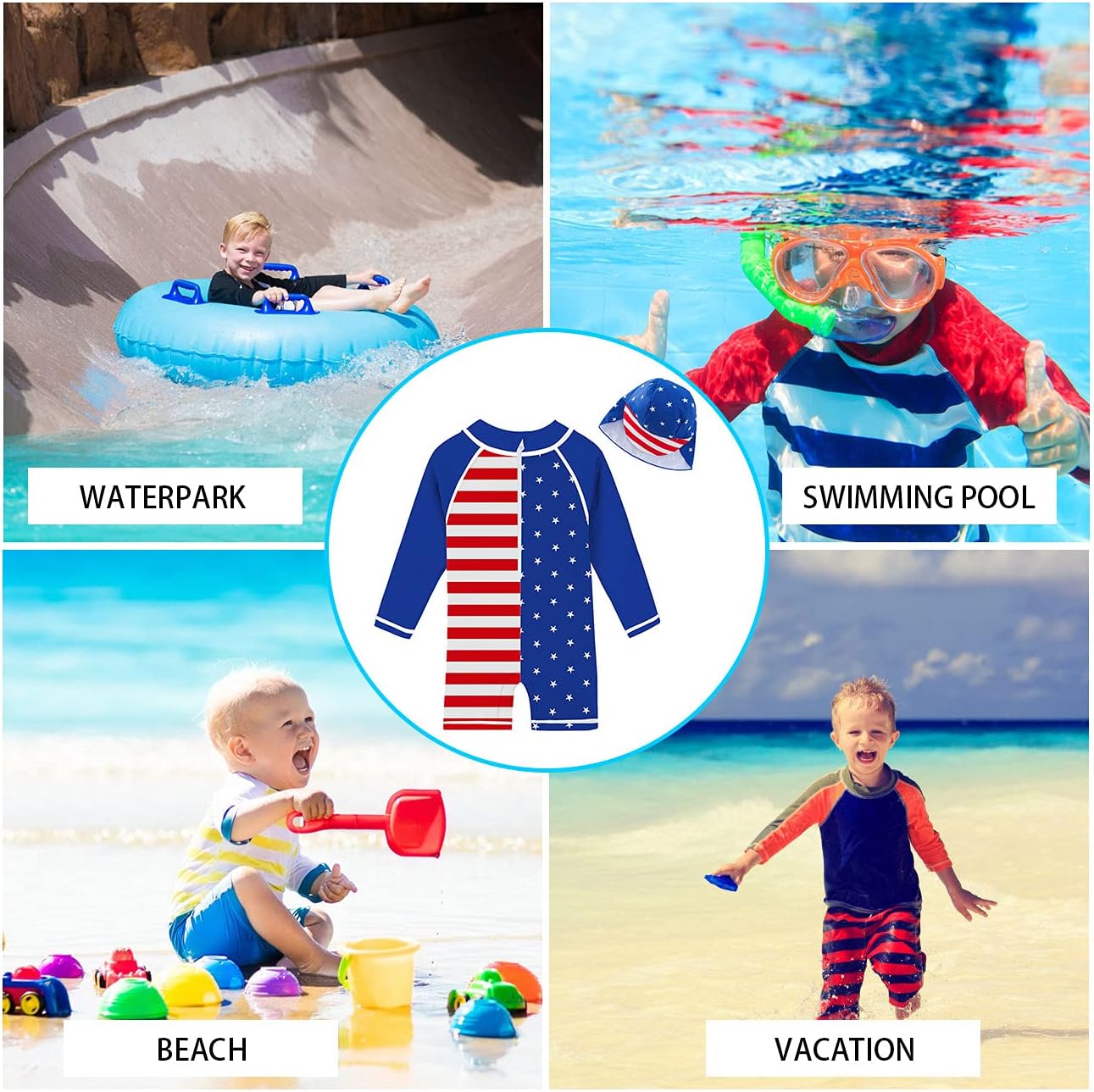 uideazone Baby Boys One Piece Swimsuit Long Sleeve UPF 50+ Rash Guard Bathing Suit Swimwear with Sun Hat 0-24 Months