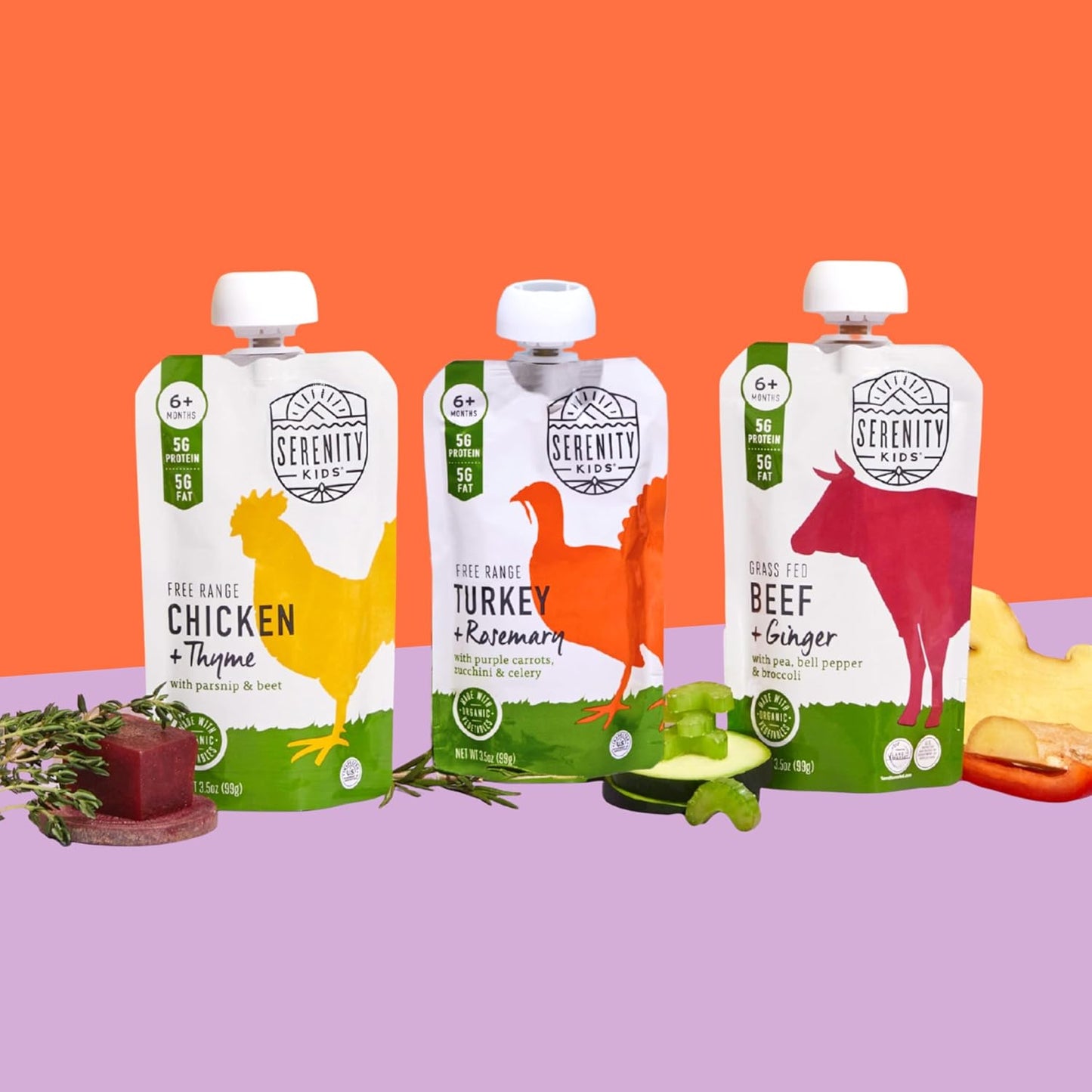 Serenity Kids 6+ Months Baby Food Pouches Puree - Free Range Turkey & Organic Rosemary Blend With Purple Carrot & Zucchini - No Added Sugar & BPA-Free Pouches - 3.5 Oz, 12 Pack